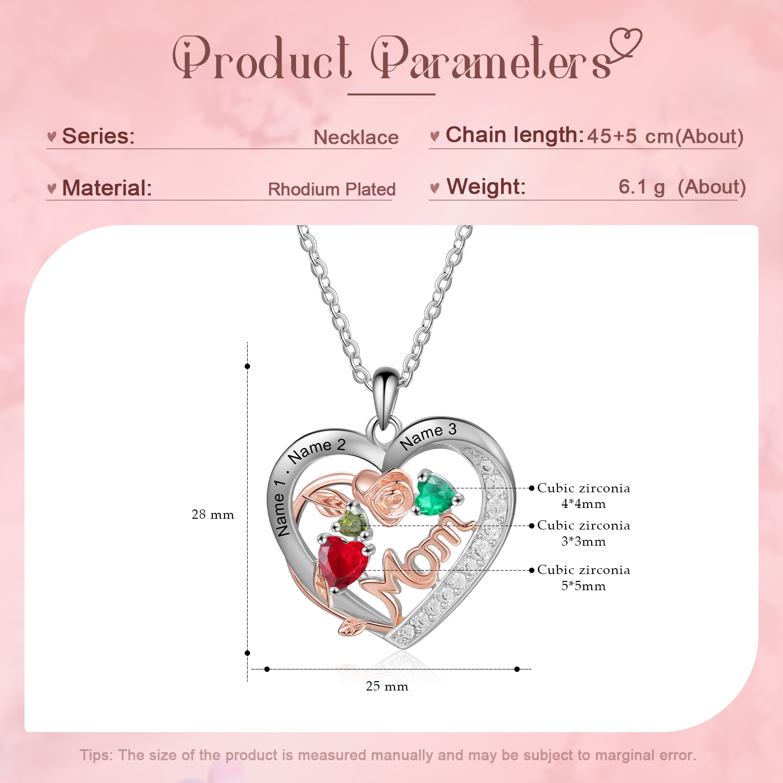 Custom 3 Names Mom Rose Necklace Personalized 3 Heart Birthstones Mother Necklace Gift for Her