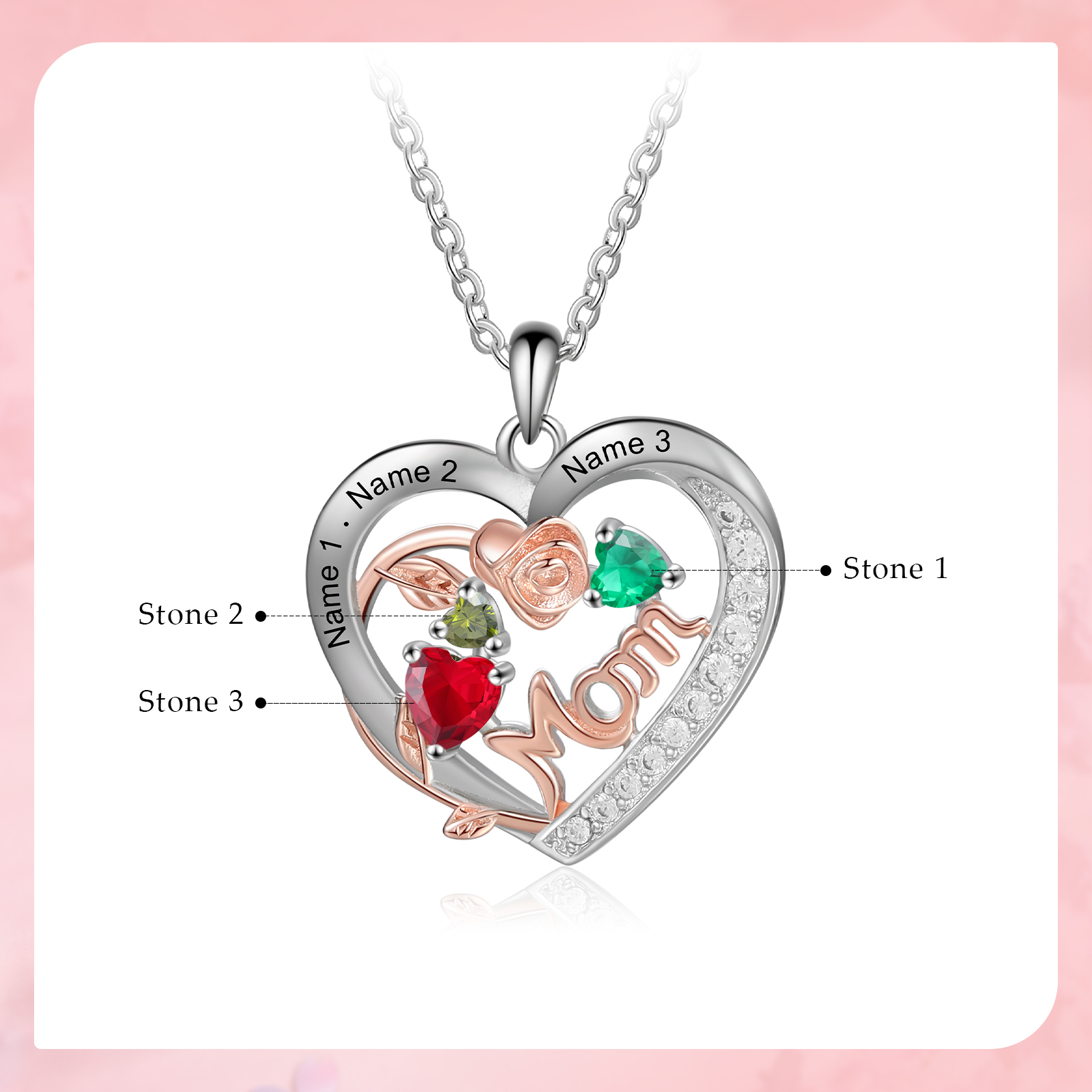 Custom 3 Names Mom Rose Necklace Personalized 3 Heart Birthstones Mother Necklace Gift for Her