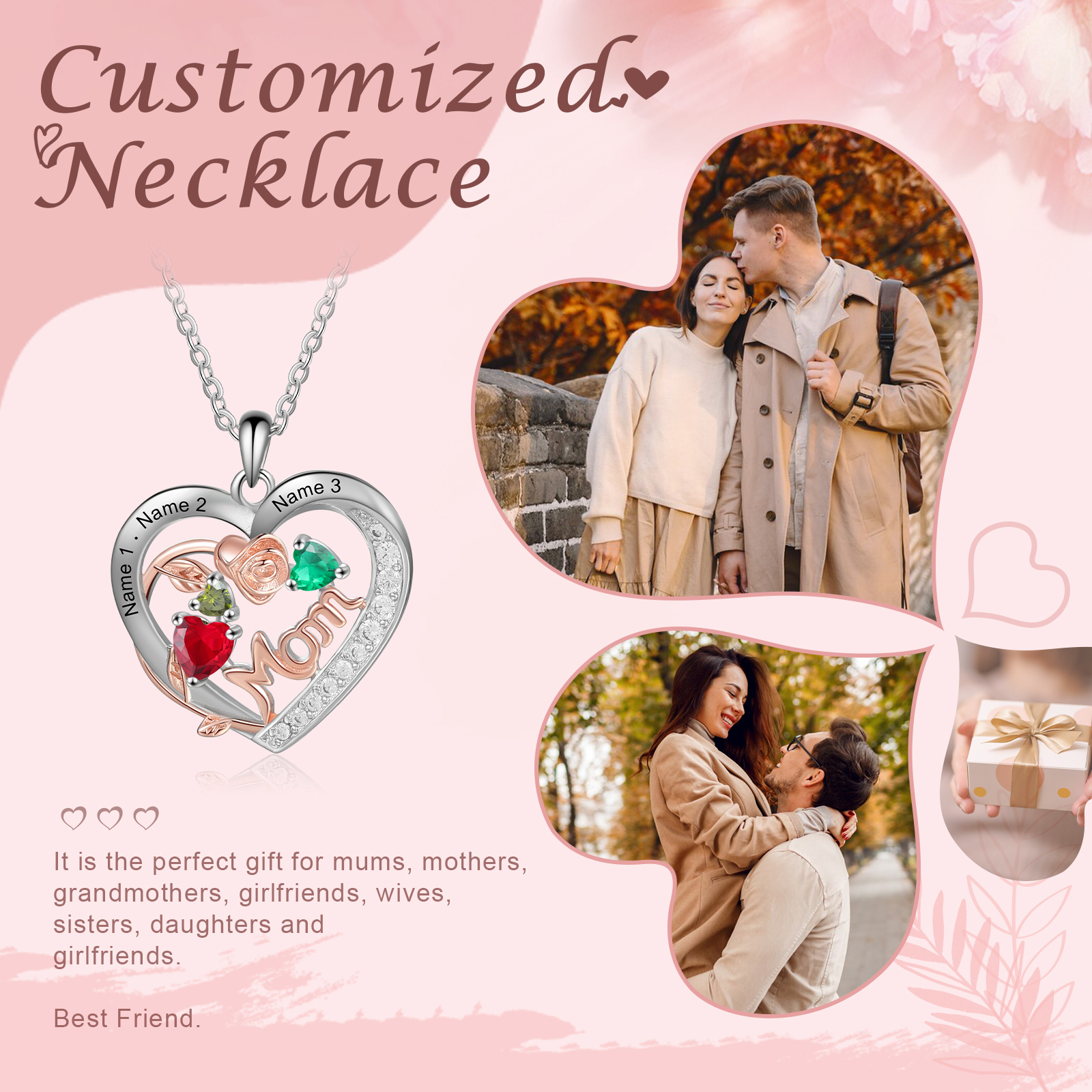 Custom 3 Names Mom Rose Necklace Personalized 3 Heart Birthstones Mother Necklace Gift for Her