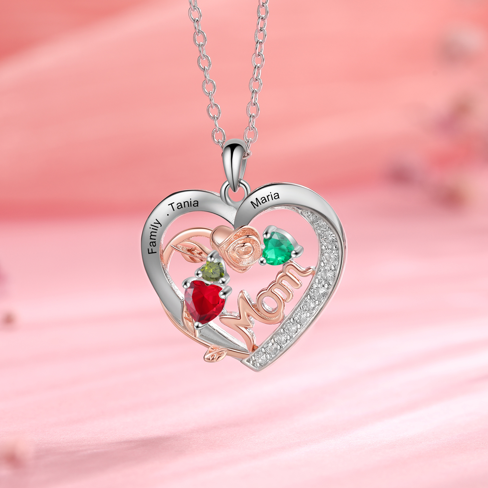 Custom 3 Names Mom Rose Necklace Personalized 3 Heart Birthstones Mother Necklace Gift for Her