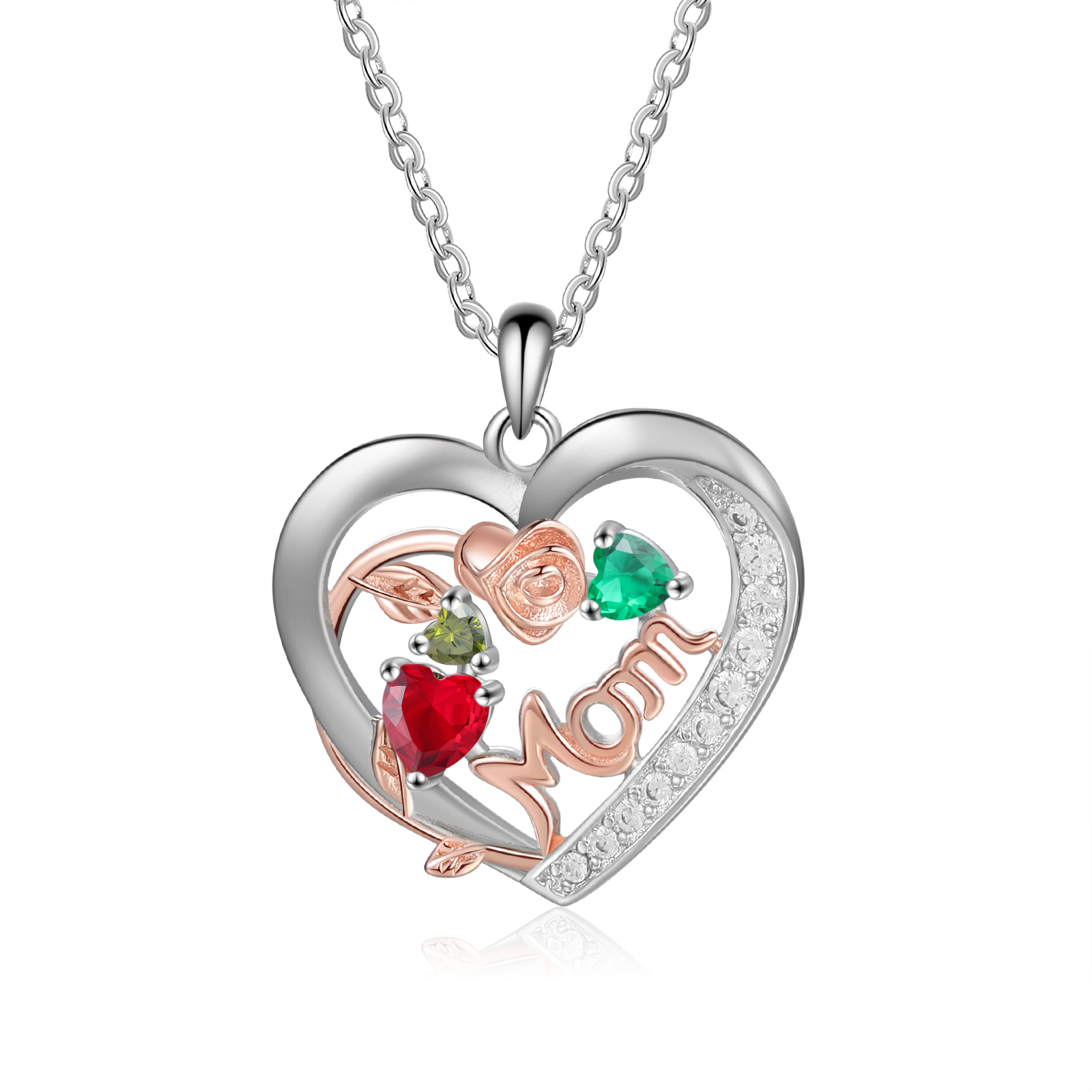 Custom 3 Names Mom Rose Necklace Personalized 3 Heart Birthstones Mother Necklace Gift for Her