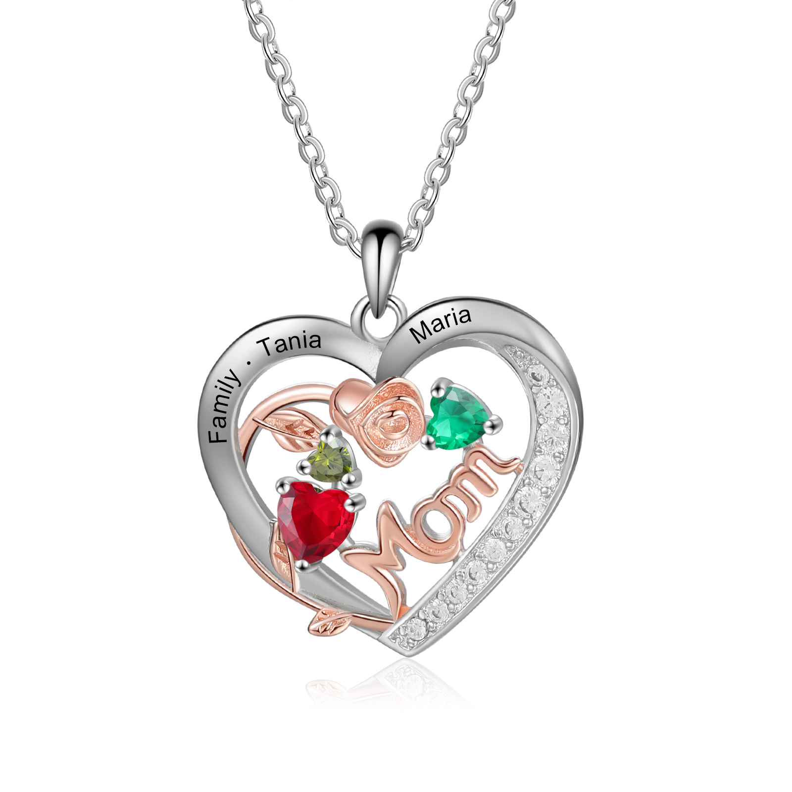 Custom 3 Names Mom Rose Necklace Personalized 3 Heart Birthstones Mother Necklace Gift for Her