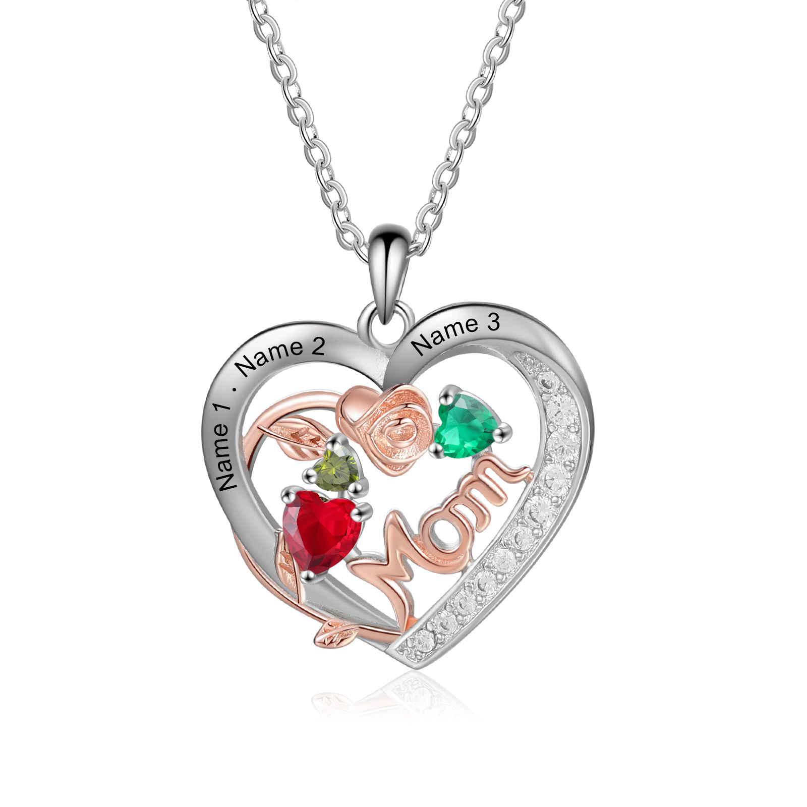 Custom 3 Names Mom Rose Necklace Personalized 3 Heart Birthstones Mother Necklace Gift for Her