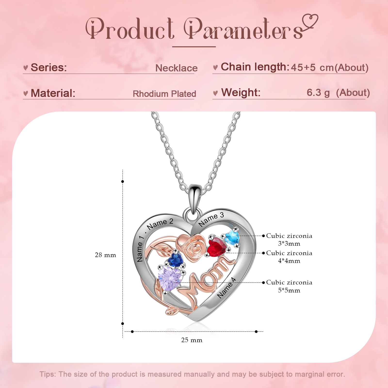 Custom 4 Names Mom Rose Necklace Personalized 4 Heart Birthstones Mother Necklace Gift for Her
