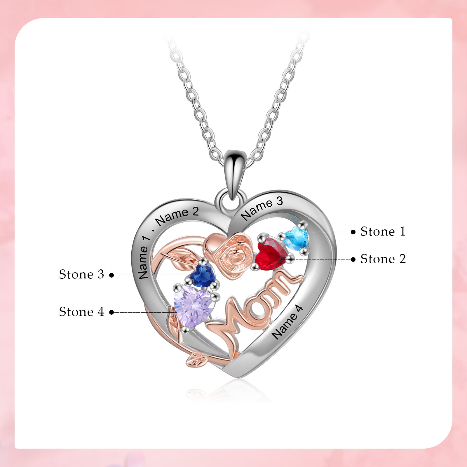 Custom 4 Names Mom Rose Necklace Personalized 4 Heart Birthstones Mother Necklace Gift for Her