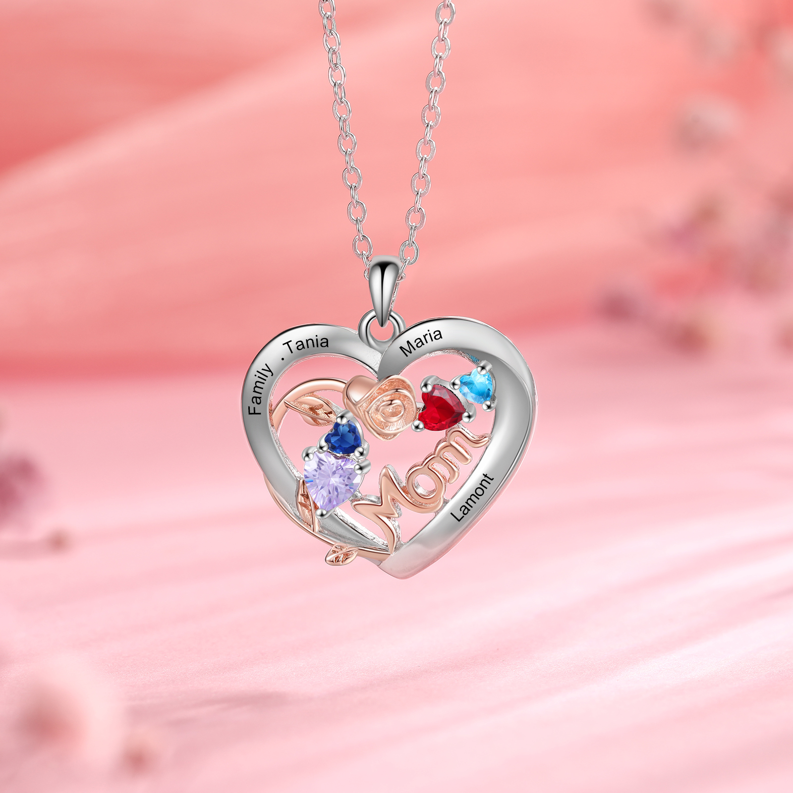 Custom 4 Names Mom Rose Necklace Personalized 4 Heart Birthstones Mother Necklace Gift for Her