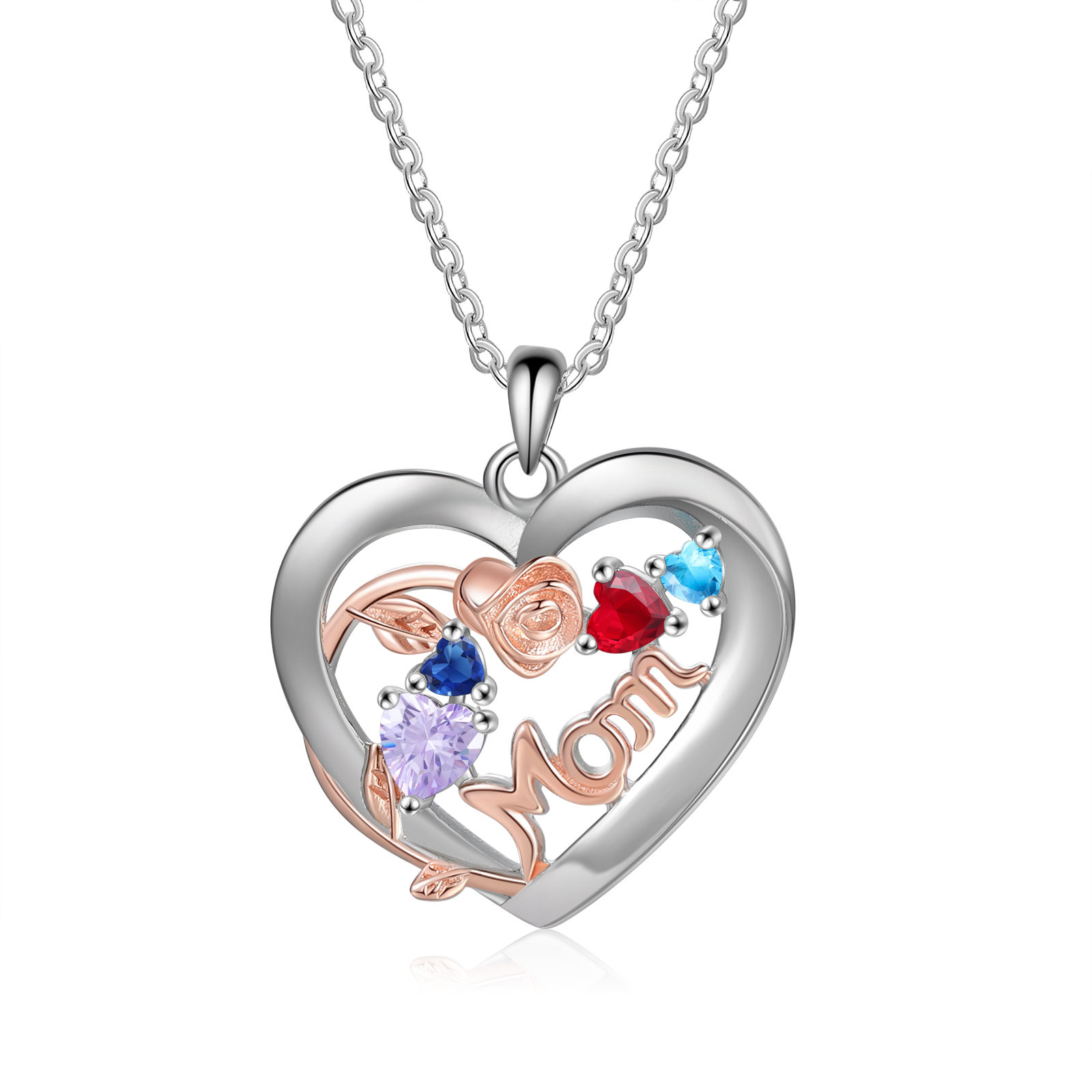 Custom 4 Names Mom Rose Necklace Personalized 4 Heart Birthstones Mother Necklace Gift for Her