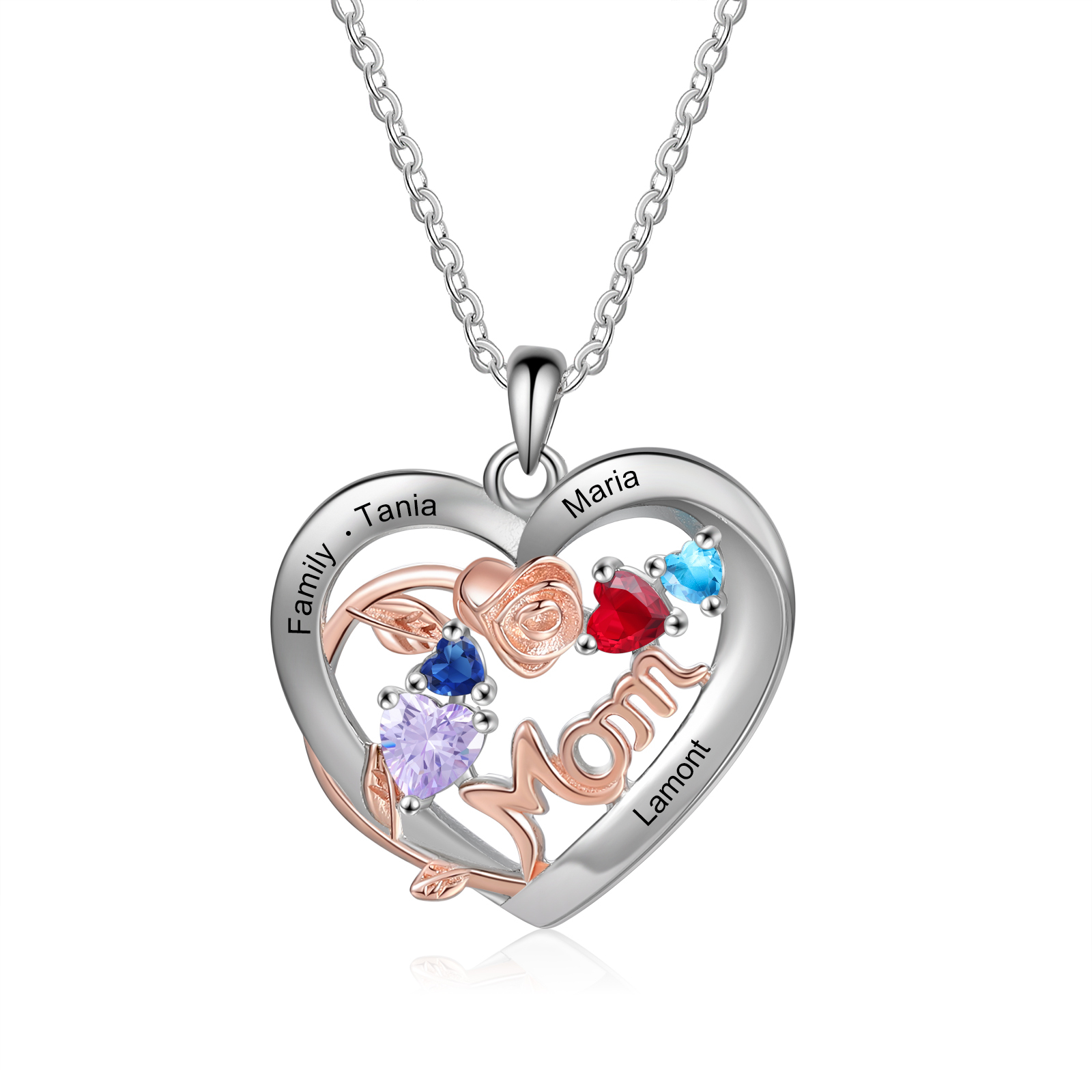 Custom 4 Names Mom Rose Necklace Personalized 4 Heart Birthstones Mother Necklace Gift for Her