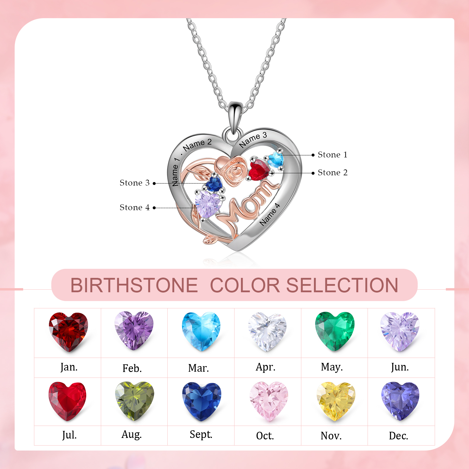 Custom 4 Names Mom Rose Necklace Personalized 4 Heart Birthstones Mother Necklace Gift for Her