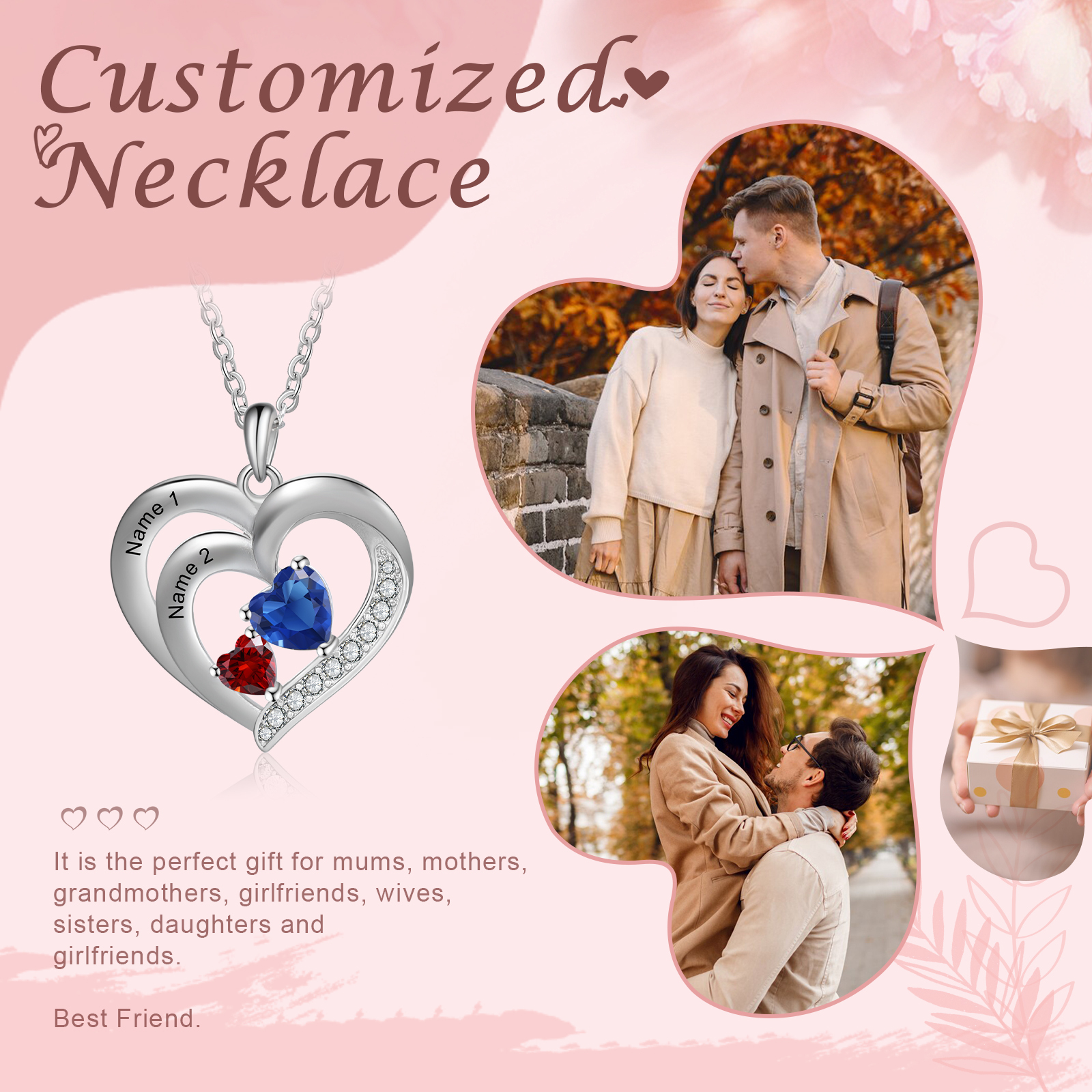 Custom 2 Names Mom Rose Necklace Personalized 2 Heart Birthstones Mother Necklace Gift for Her