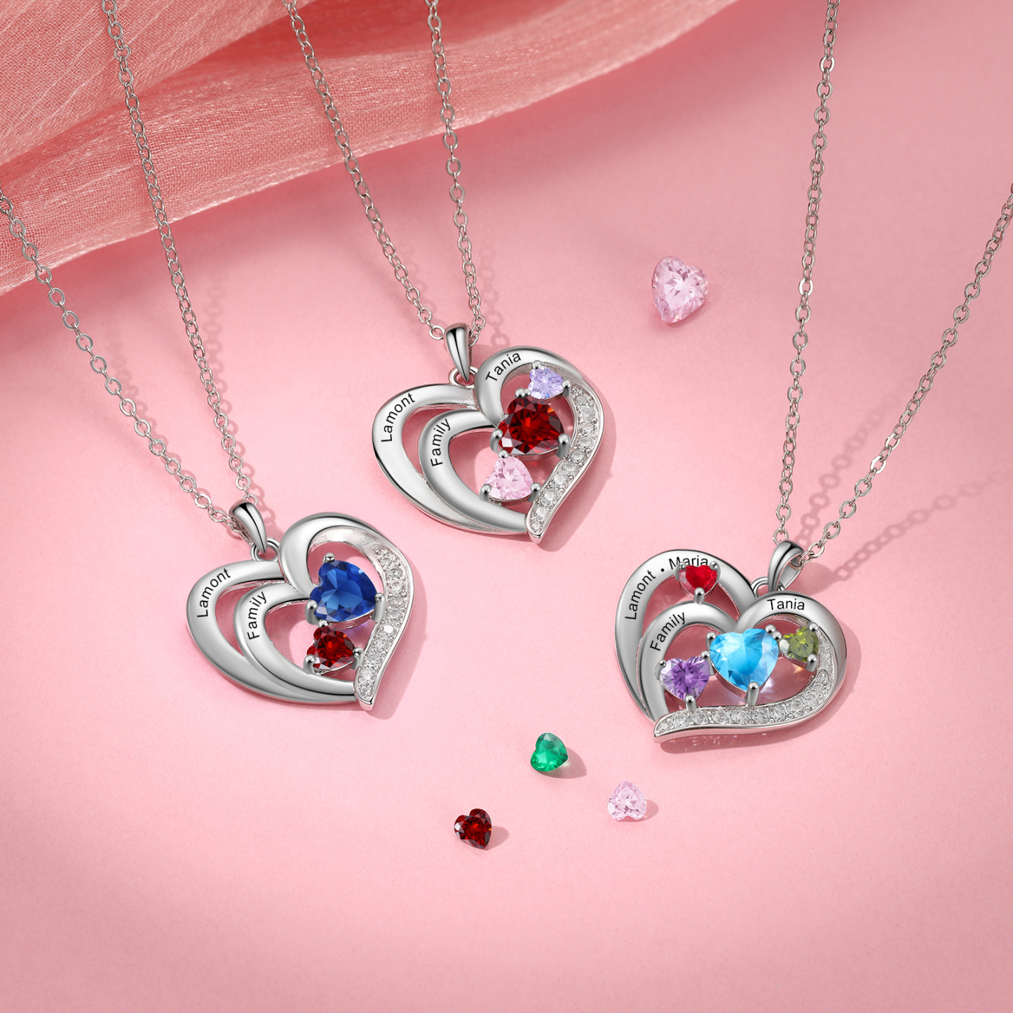 Personalized Heart Birthstone Necklace Custom 3 Names 3 Stones Intertwined Mother Necklace Gift for Her