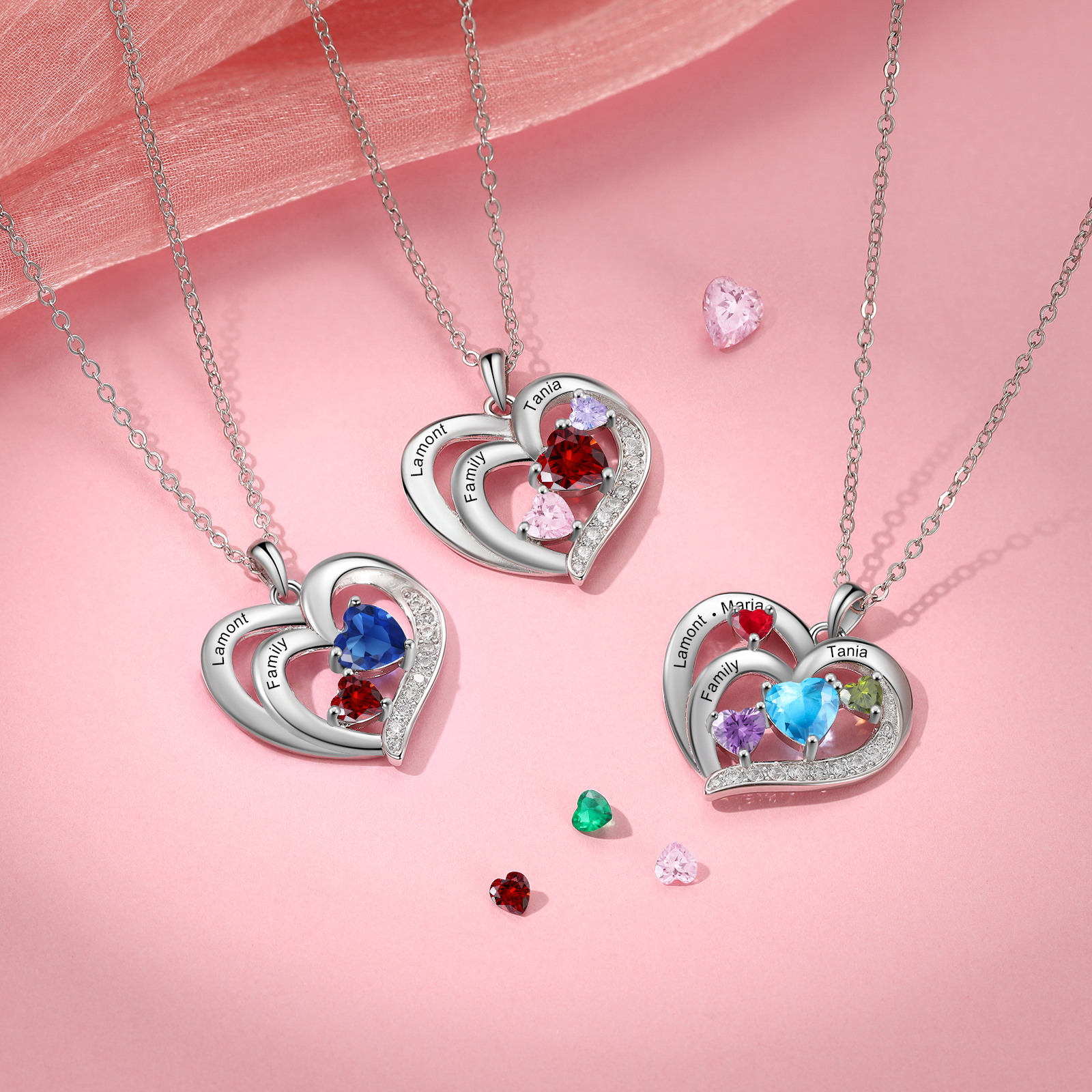 Personalized Heart Birthstone Necklace Custom 3 Names 3 Stones Intertwined Mother Necklace Gift for Her