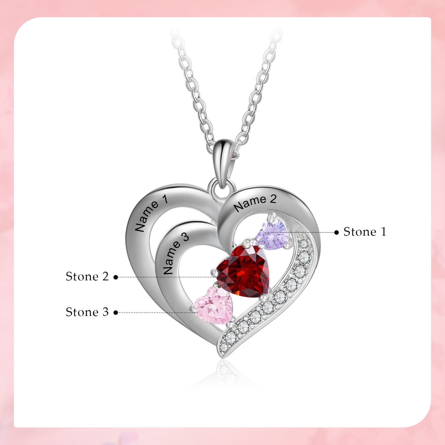 Personalized Heart Birthstone Necklace Custom 3 Names 3 Stones Intertwined Mother Necklace Gift for Her