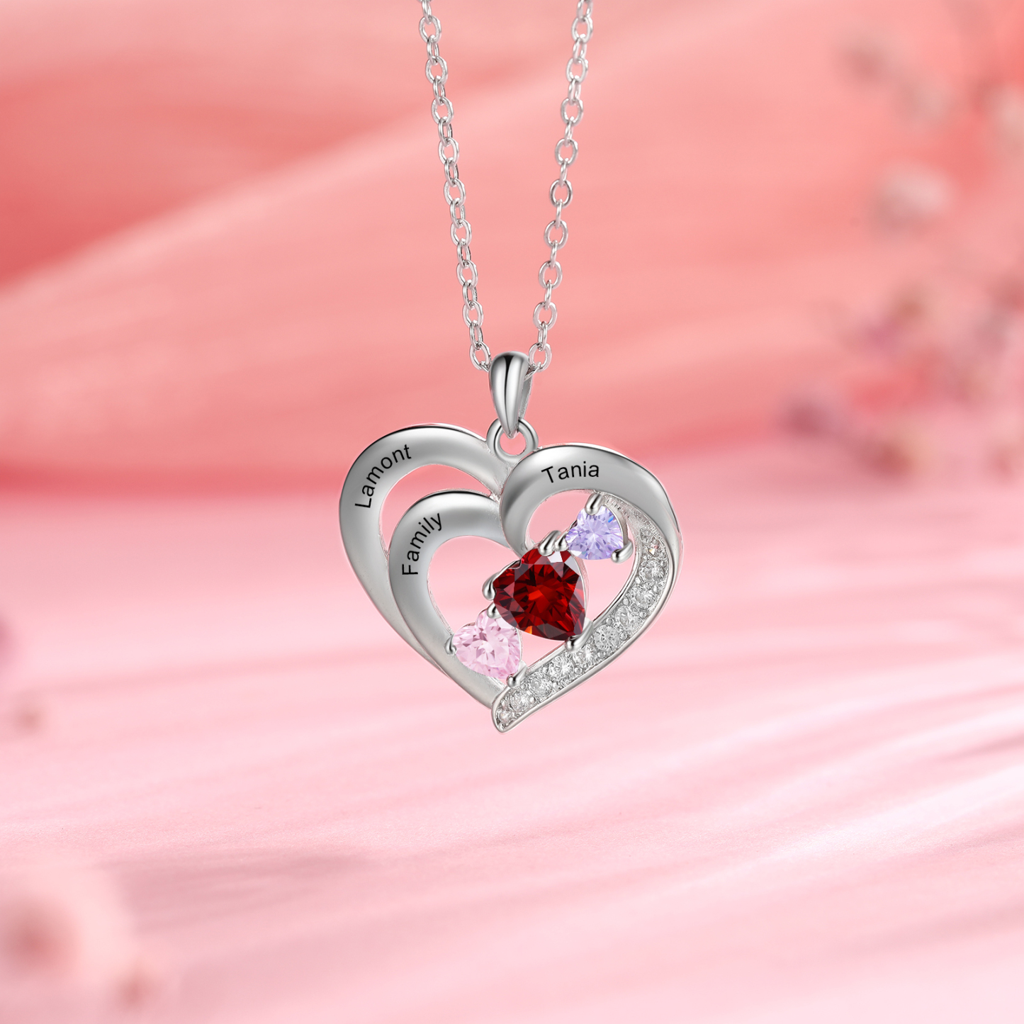 Personalized Heart Birthstone Necklace Custom 3 Names 3 Stones Intertwined Mother Necklace Gift for Her