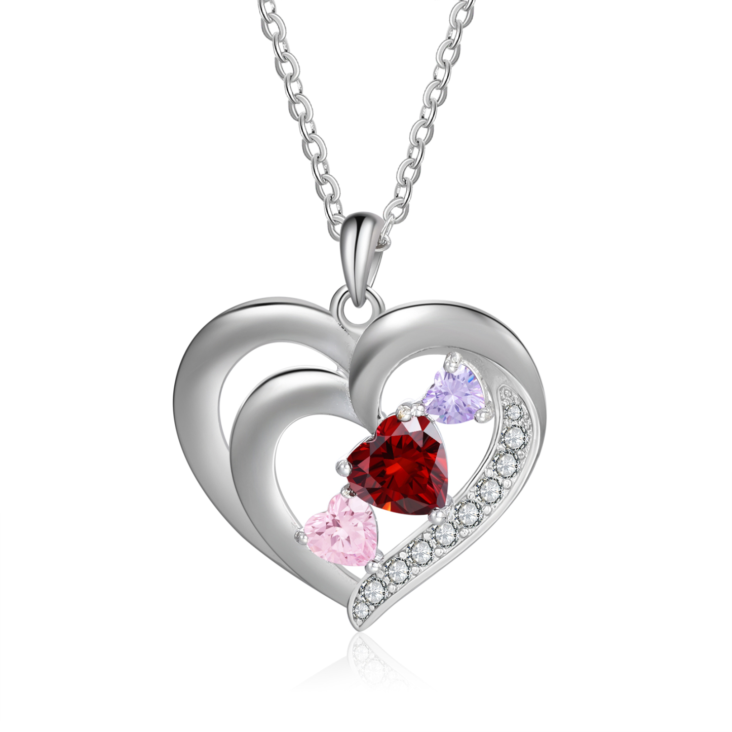 Personalized Heart Birthstone Necklace Custom 3 Names 3 Stones Intertwined Mother Necklace Gift for Her