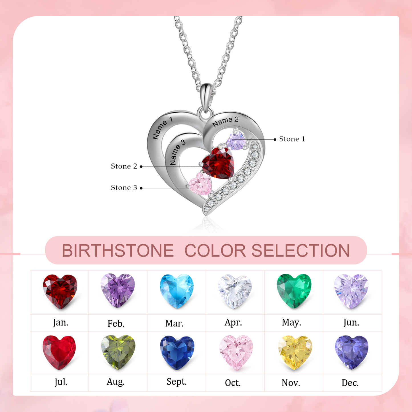 Personalized Heart Birthstone Necklace Custom 3 Names 3 Stones Intertwined Mother Necklace Gift for Her