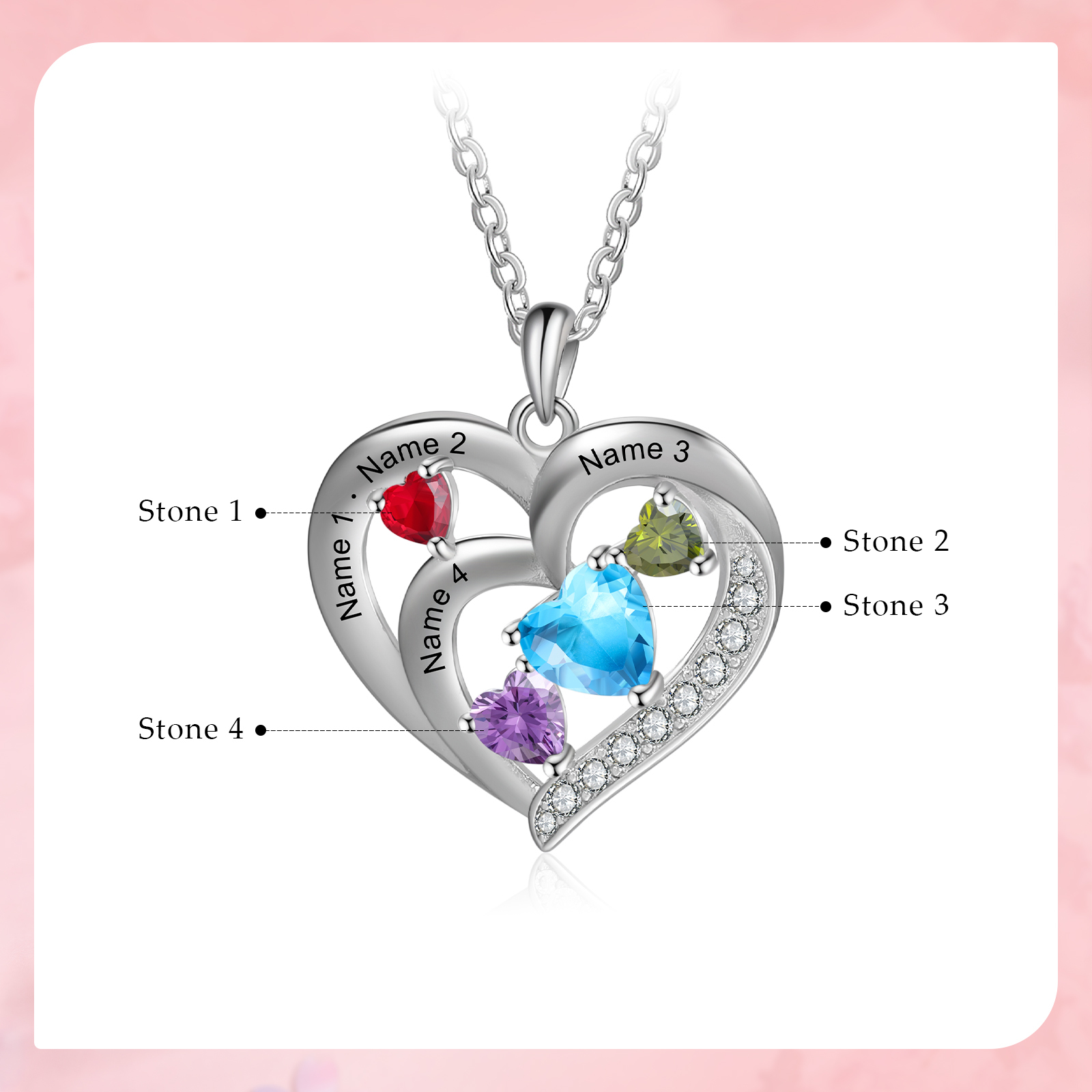 Personalized Heart Birthstone Necklace Custom 4 Names 4 Stones Intertwined Mother Necklace Gift for Her