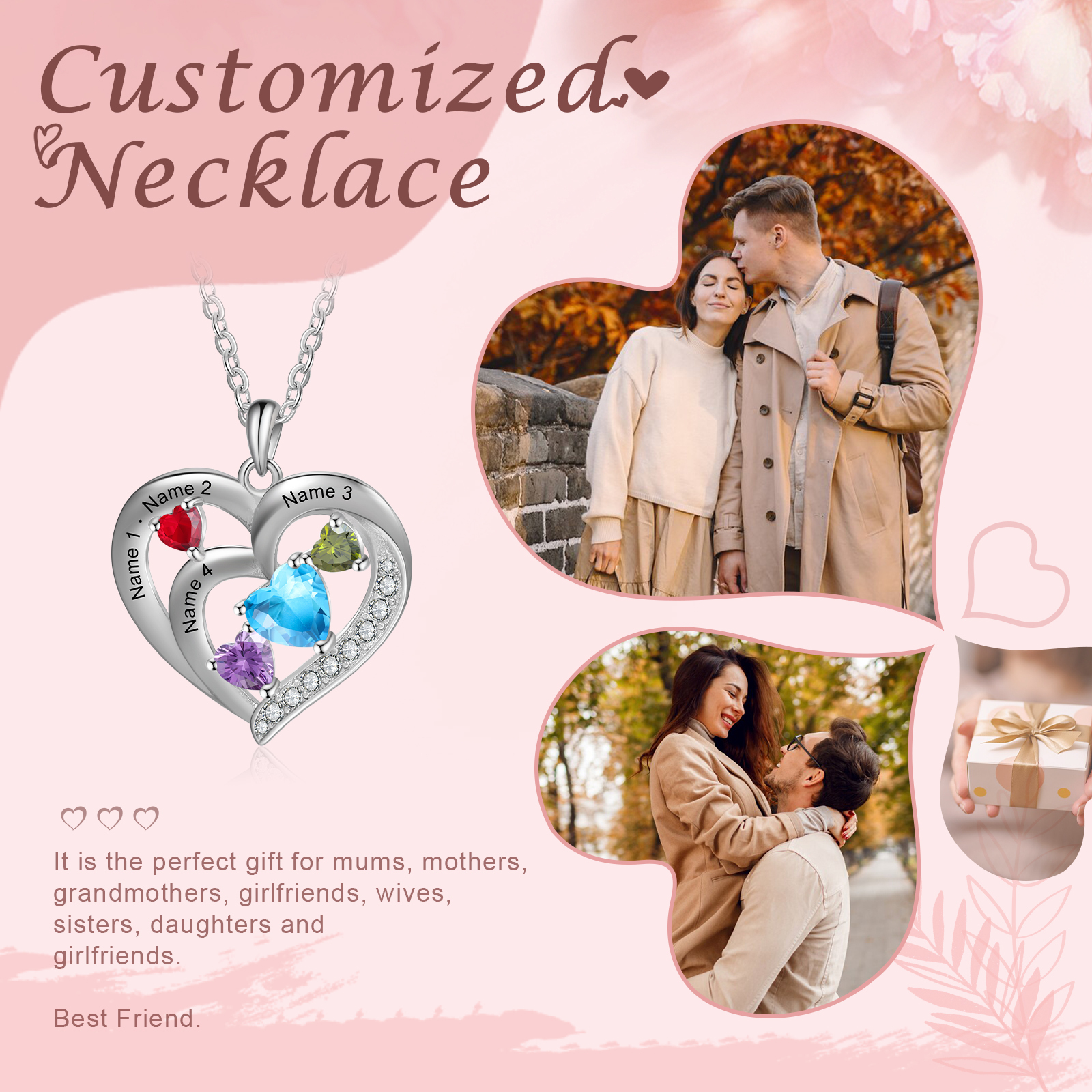 Personalized Heart Birthstone Necklace Custom 4 Names 4 Stones Intertwined Mother Necklace Gift for Her