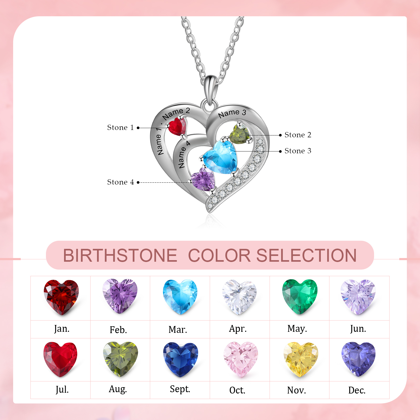 Personalized Heart Birthstone Necklace Custom 4 Names 4 Stones Intertwined Mother Necklace Gift for Her