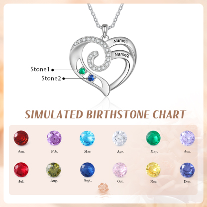 Personalized Heart Necklace with Custom 2 Names and 2 Birthstones 925 Sterling Silver Necklace Gift for Her | Jessmade