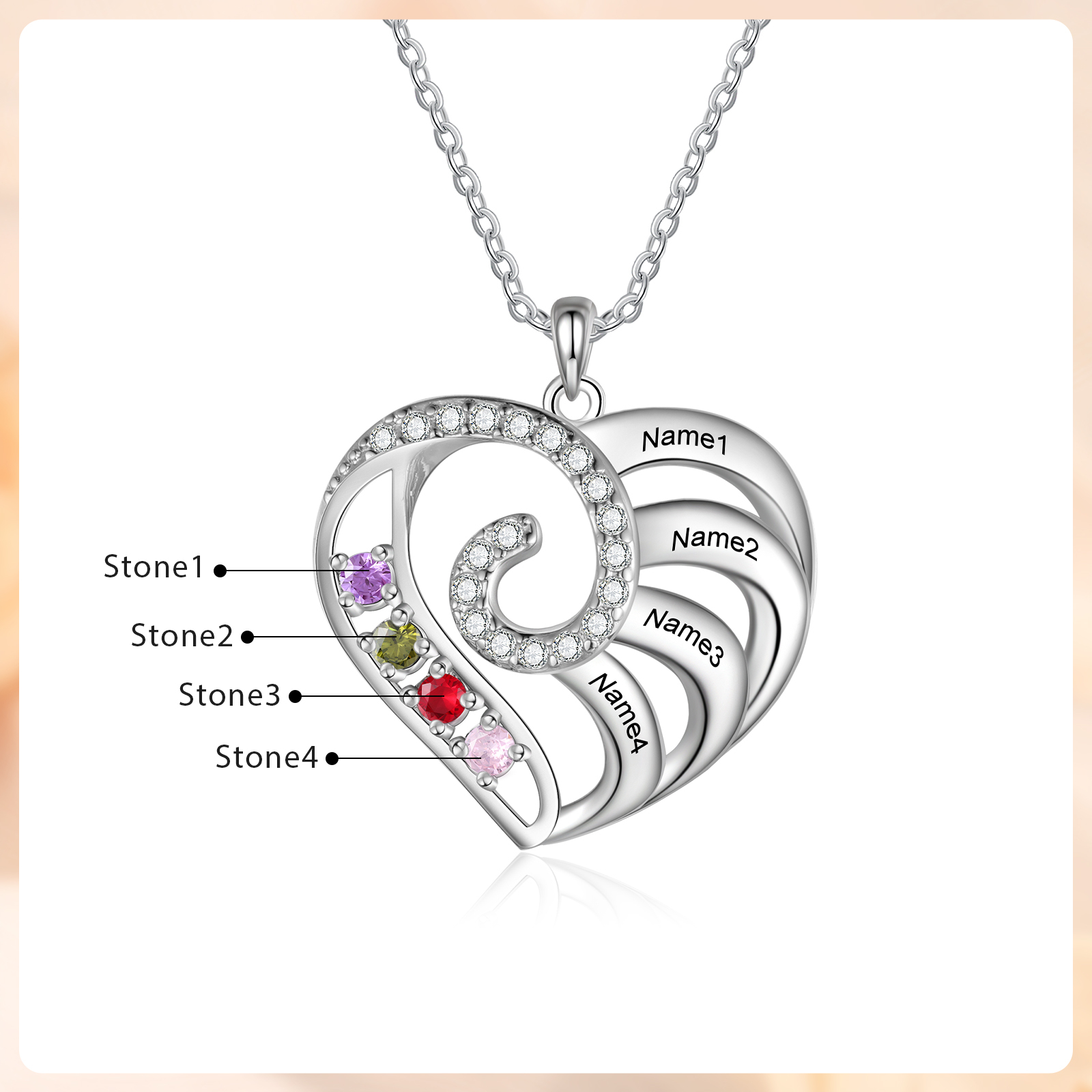 Personalized Heart Necklace with Custom 4 Names and 4 Birthstones 925 Sterling Silver Necklace Gift for Her | Jessmade