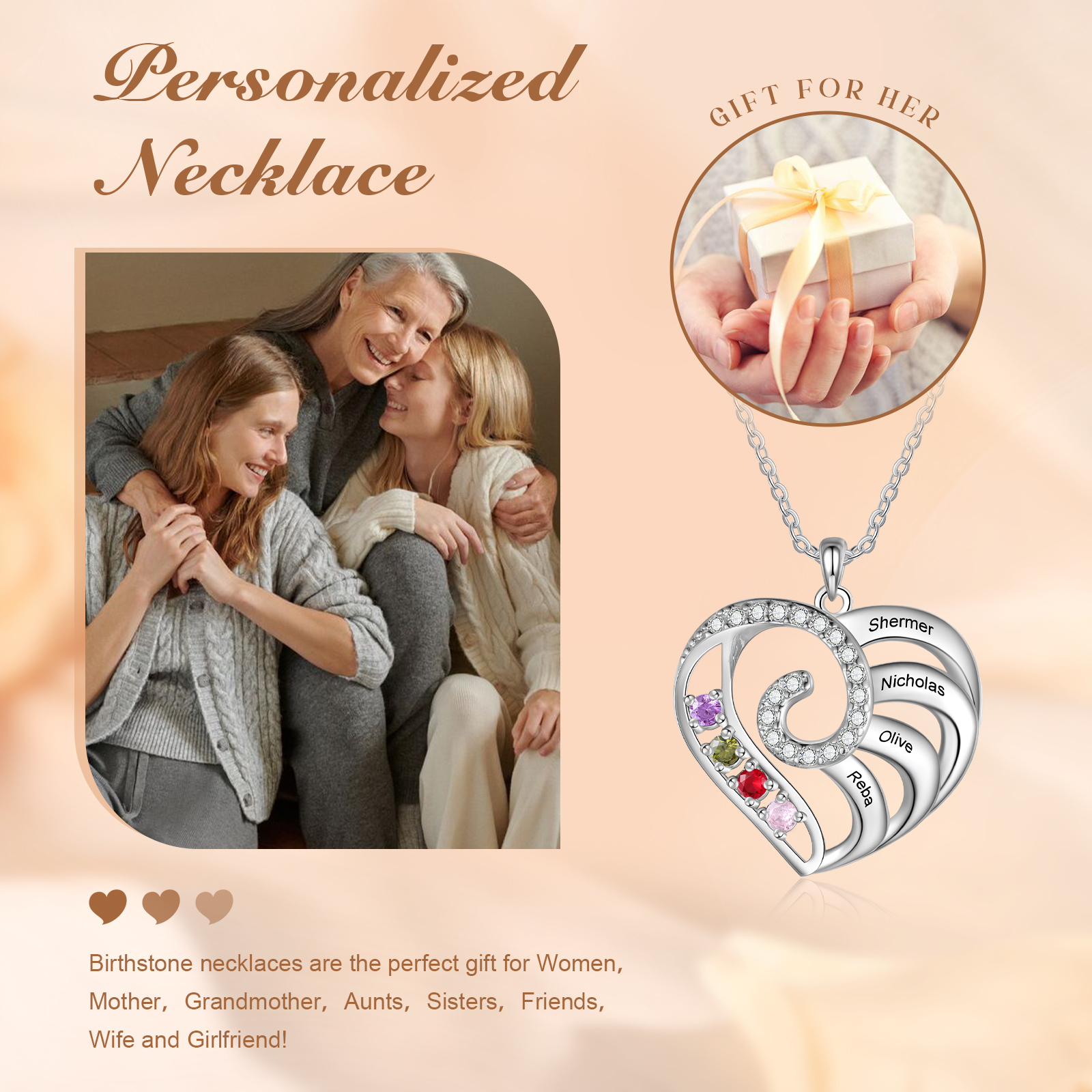 Personalized Heart Necklace with Custom 4 Names and 4 Birthstones 925 Sterling Silver Necklace Gift for Her | Jessmade