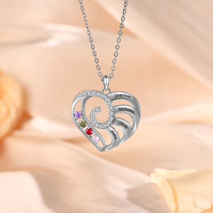 Personalized Heart Necklace with Custom 4 Names and 4 Birthstones 925 Sterling Silver Necklace Gift for Her | Jessmade