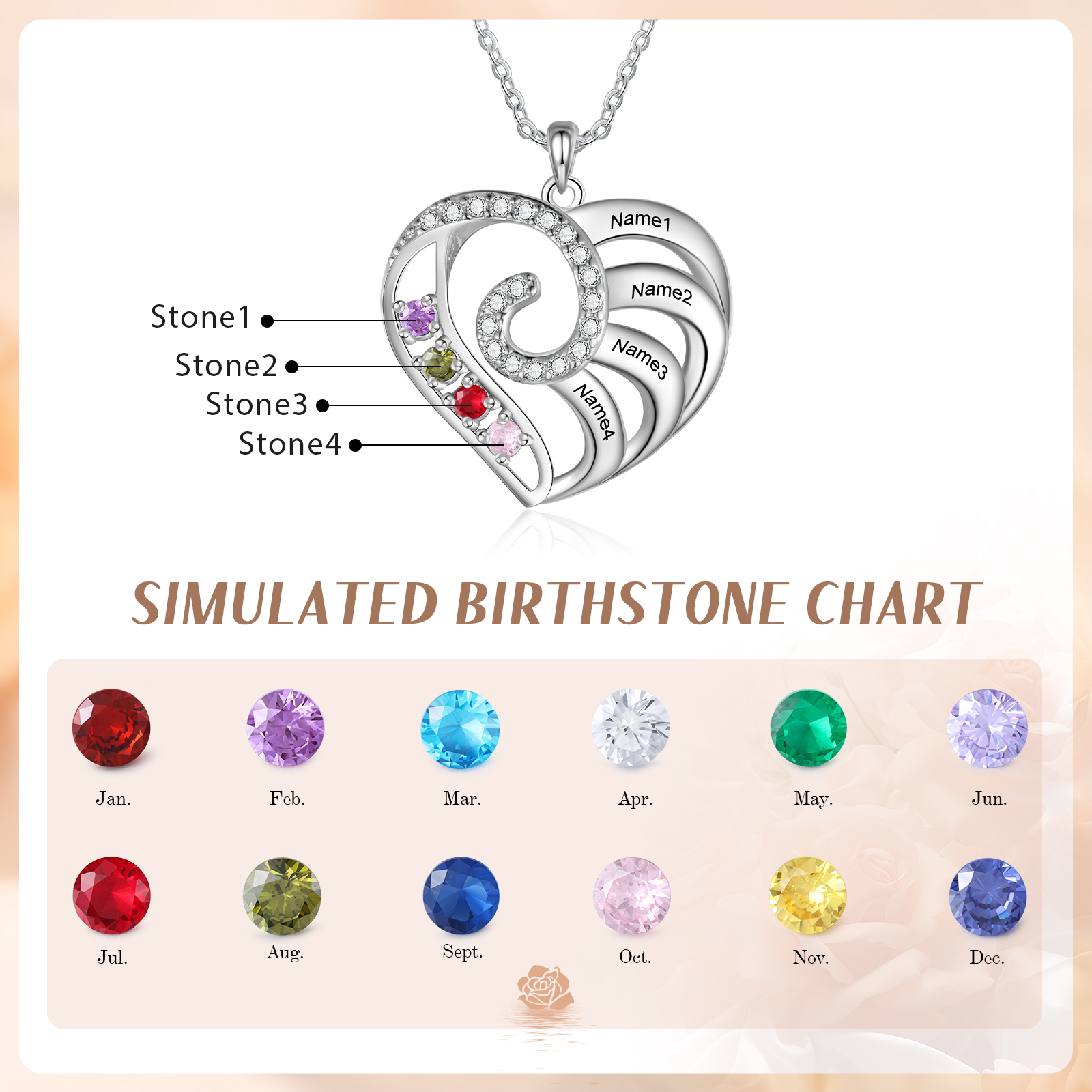 Personalized Heart Necklace with Custom 4 Names and 4 Birthstones 925 Sterling Silver Necklace Gift for Her | Jessmade