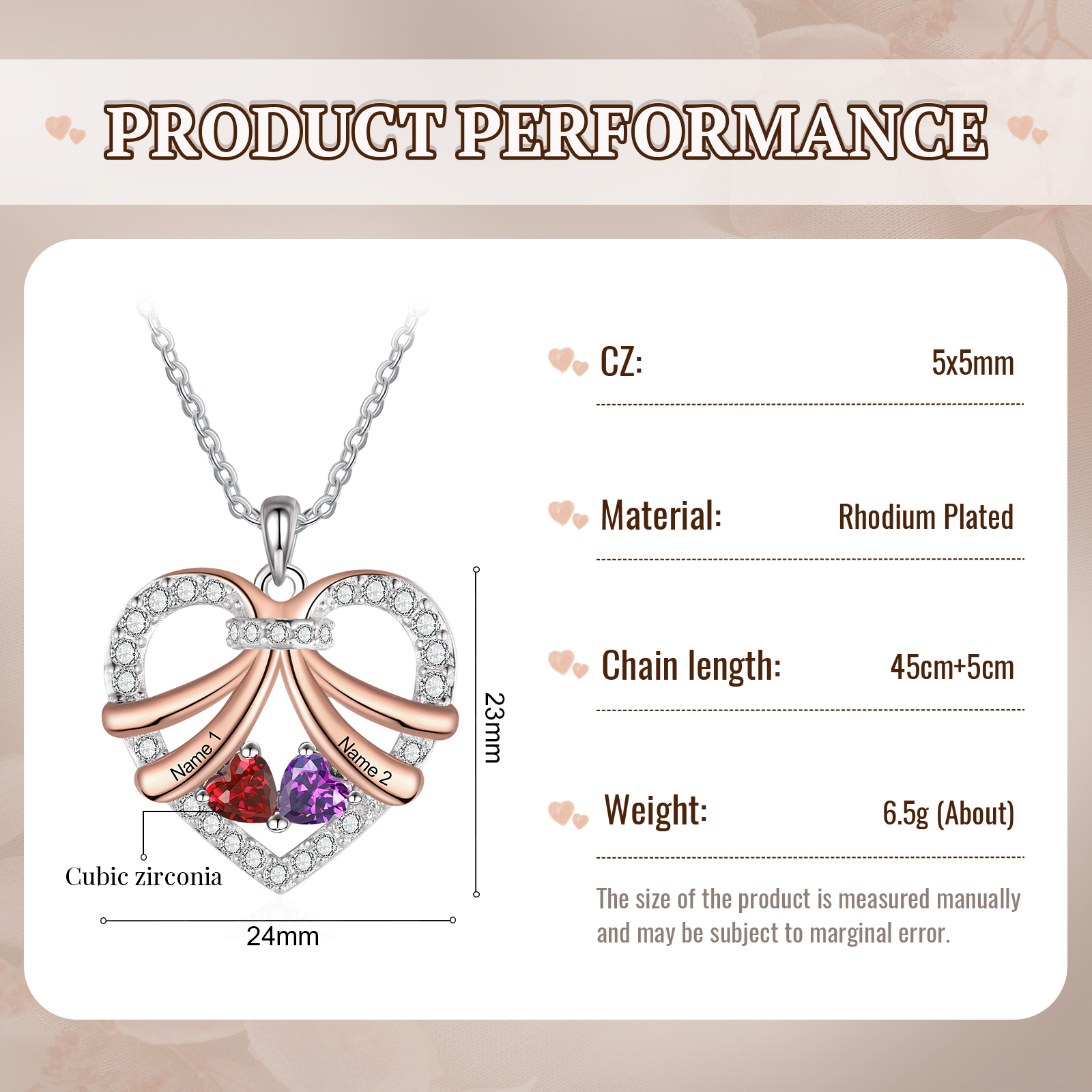 Personalized Heart Pendant Necklace Custom 2 Birthstones & 2 Names Women's Necklace Gift for Her