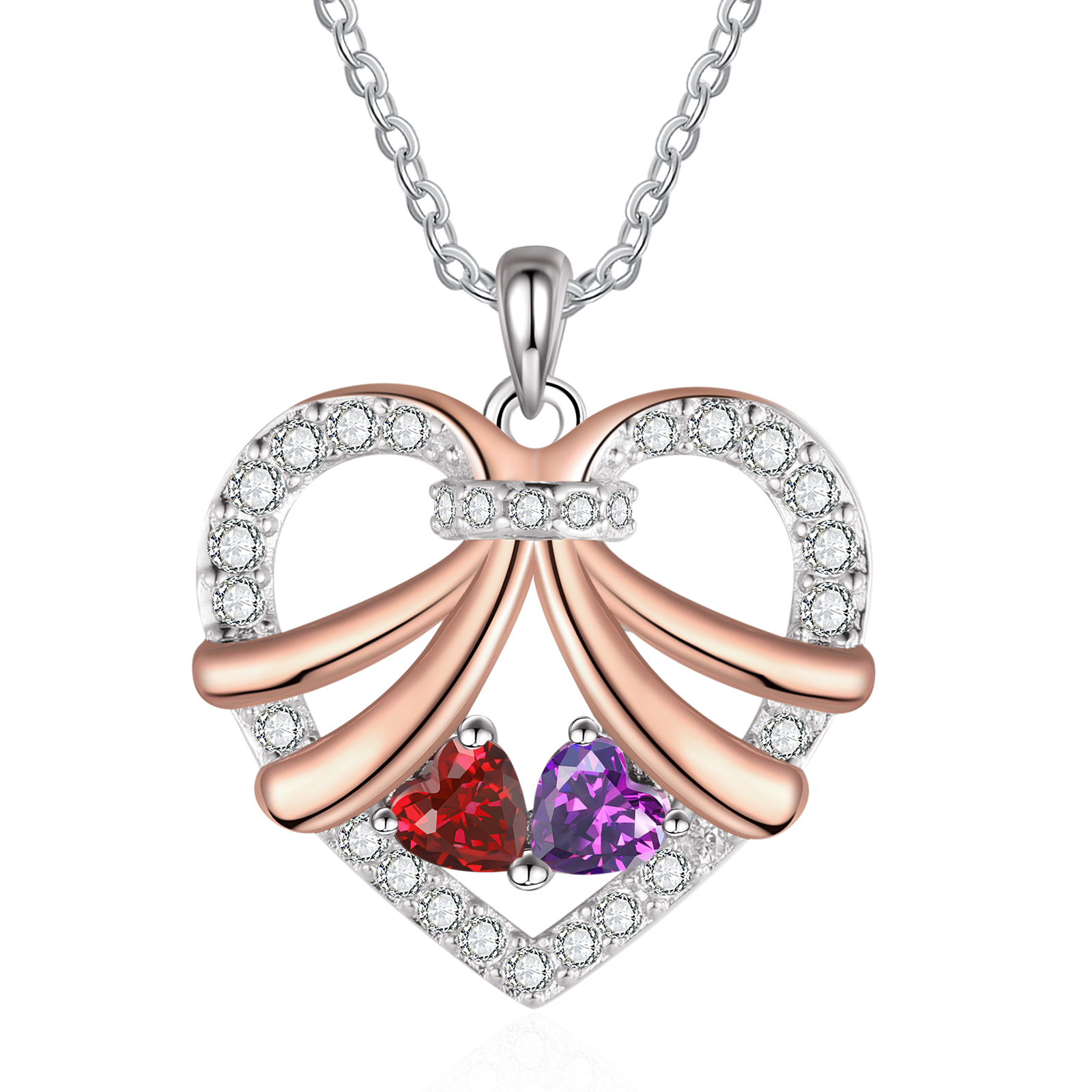 Personalized Heart Pendant Necklace Custom 2 Birthstones & 2 Names Women's Necklace Gift for Her