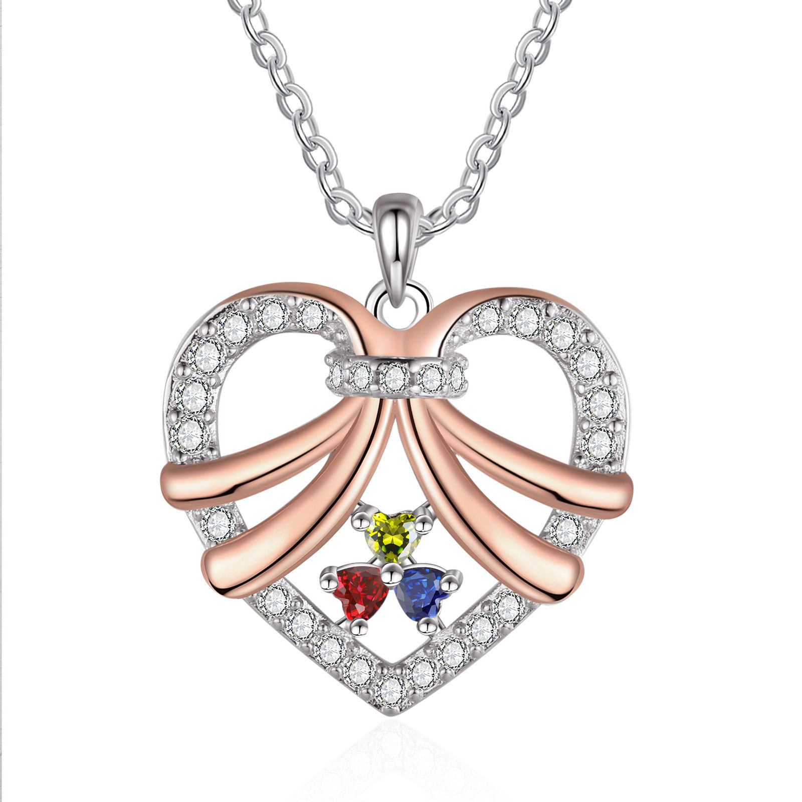 Personalized Heart Pendant Necklace Custom 3 Birthstones & 3 Names Women's Necklace Gift for Her