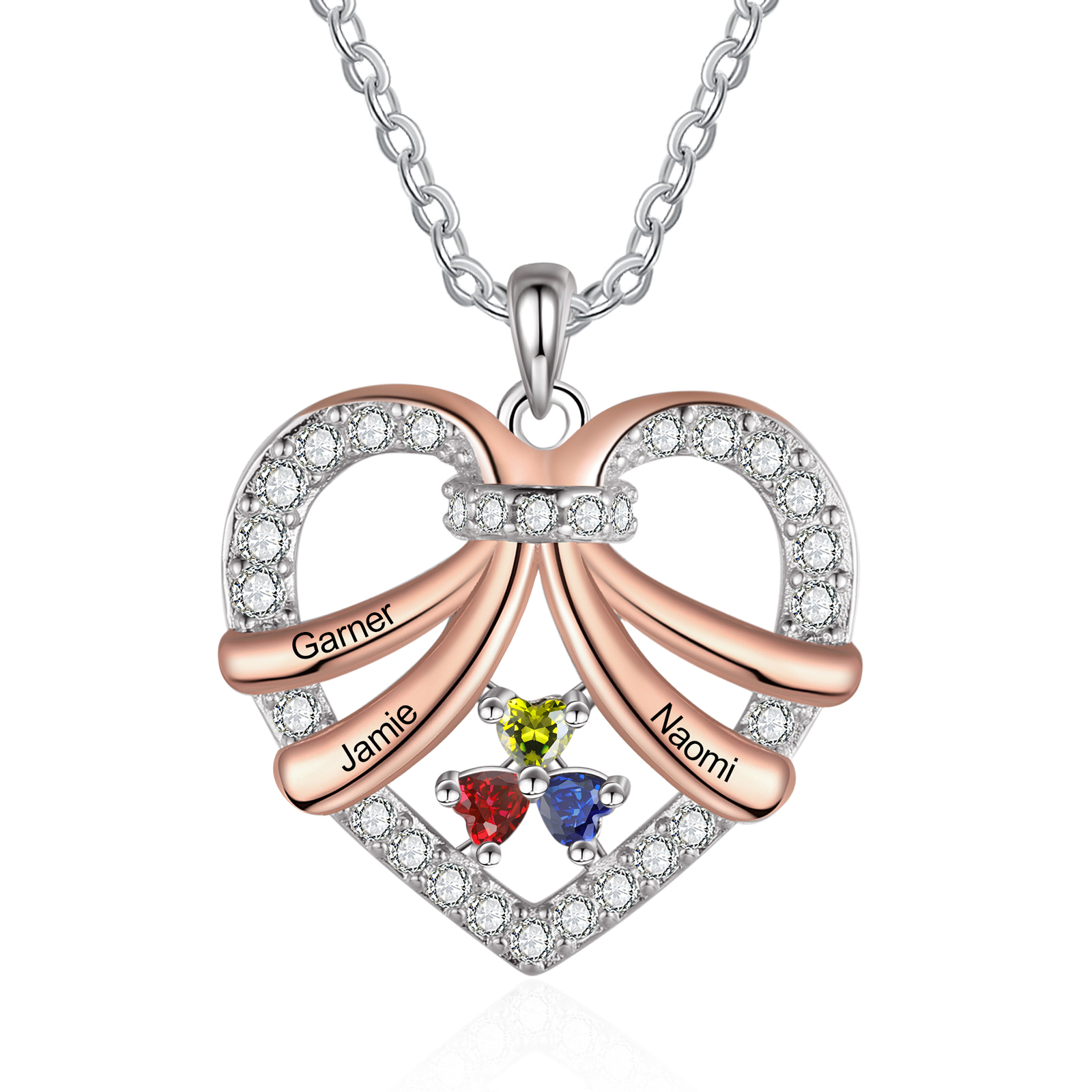 Personalized Heart Pendant Necklace Custom 3 Birthstones & 3 Names Women's Necklace Gift for Her