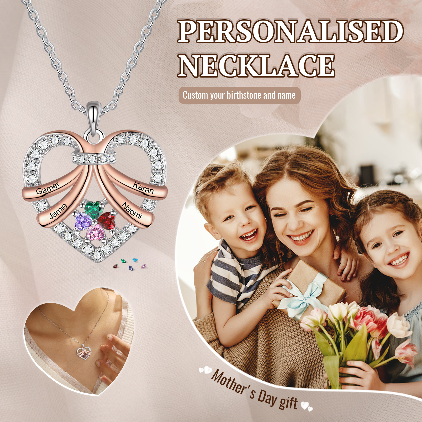 Personalized Heart Pendant Necklace Custom 4 Birthstones & 4 Names Women's Necklace Gift for Her