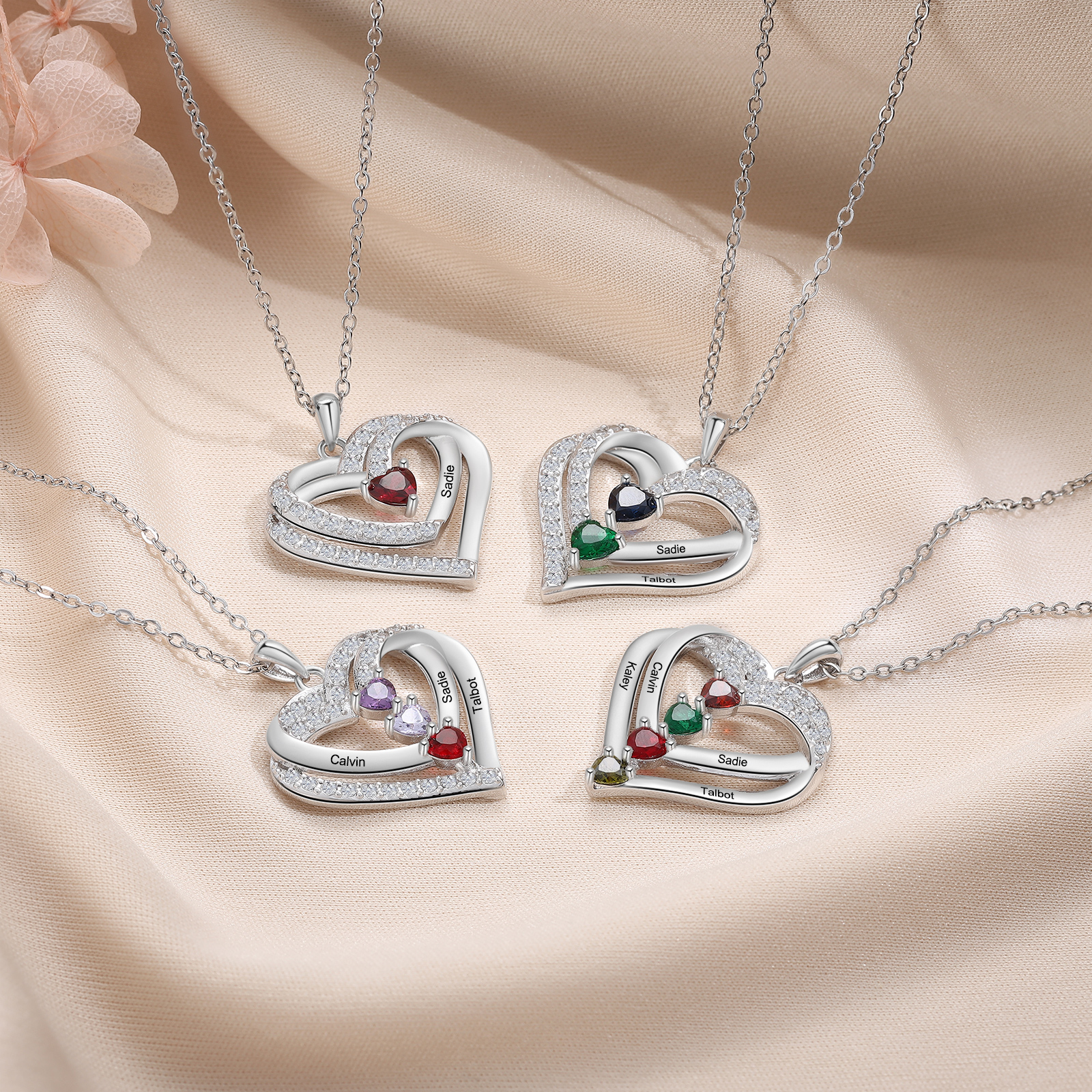 S925 Love Heart Personalized Birthstone and Name Necklace Custom 1 to 4 Names and Birthstones Double Heart Necklace Gift for Her