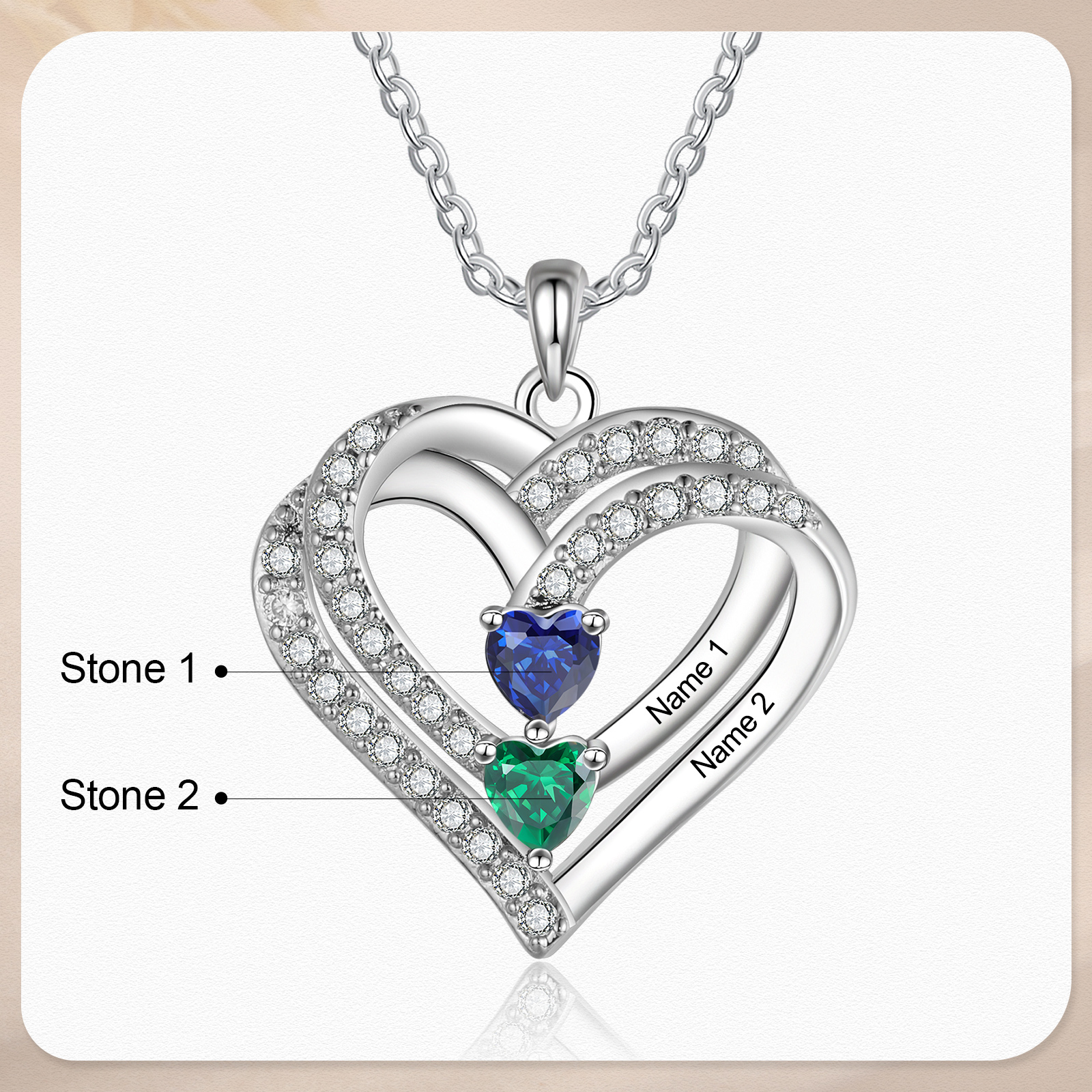 S925 Love Heart Personalized Birthstone and Name Necklace Custom 1 to 4 Names and Birthstones Double Heart Necklace Gift for Her