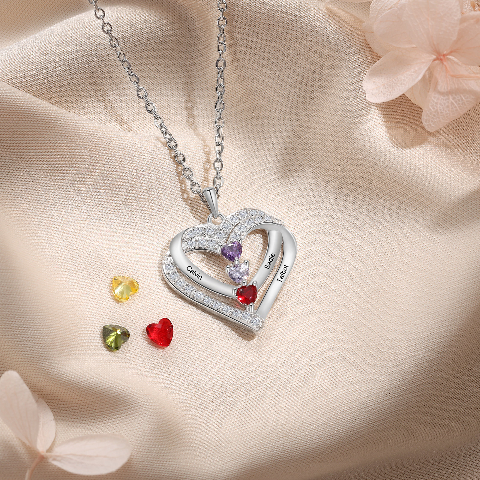 S925 Love Heart Personalized Birthstone and Name Necklace Custom 1 to 4 Names and Birthstones Double Heart Necklace Gift for Her