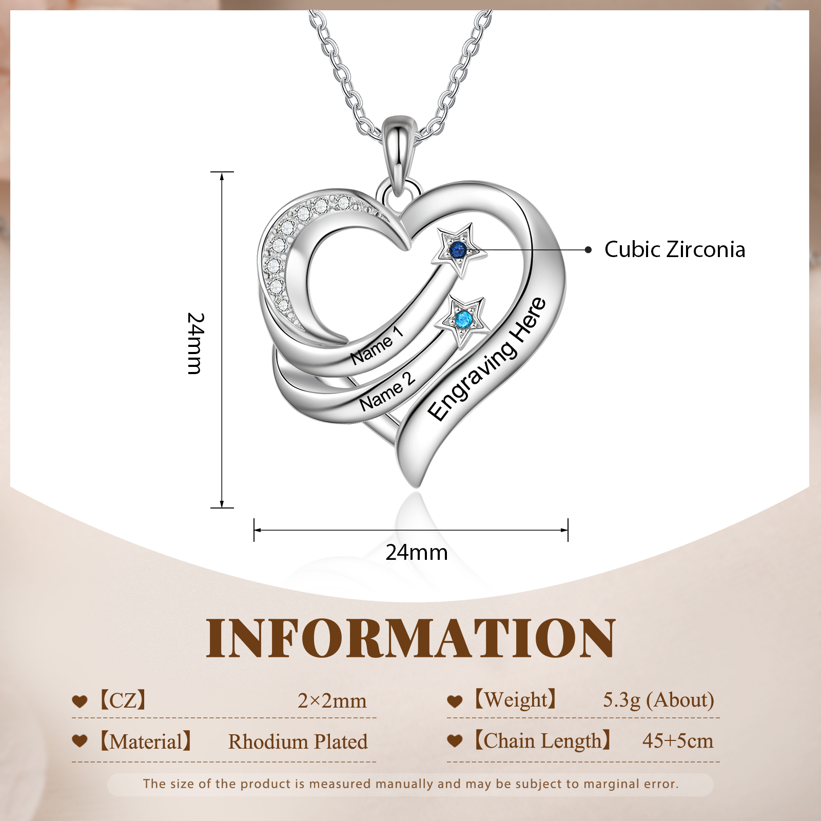 Personalized Moon Star Heart Women's Necklace Custom 2 Birthstones & 2 Names & 1 Text Gift for Her