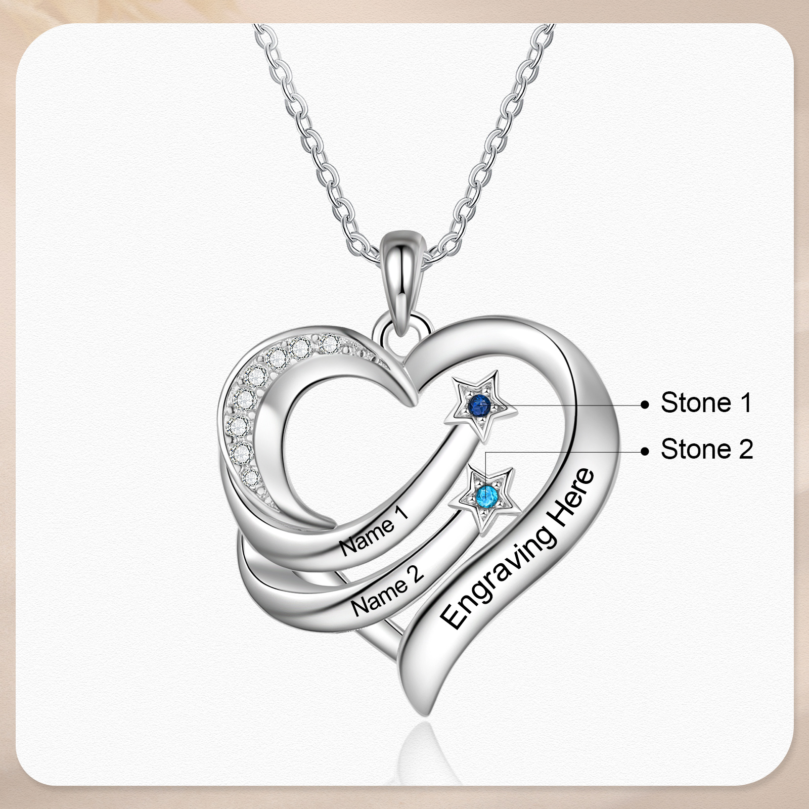 Personalized Moon Star Heart Women's Necklace Custom 2 Birthstones & 2 Names & 1 Text Gift for Her