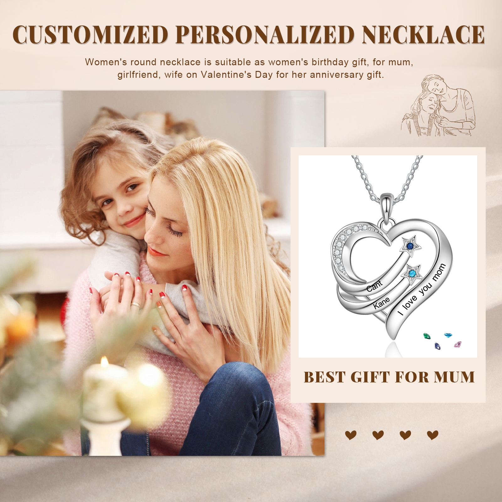 Personalized Moon Star Heart Women's Necklace Custom 2 Birthstones & 2 Names & 1 Text Gift for Her