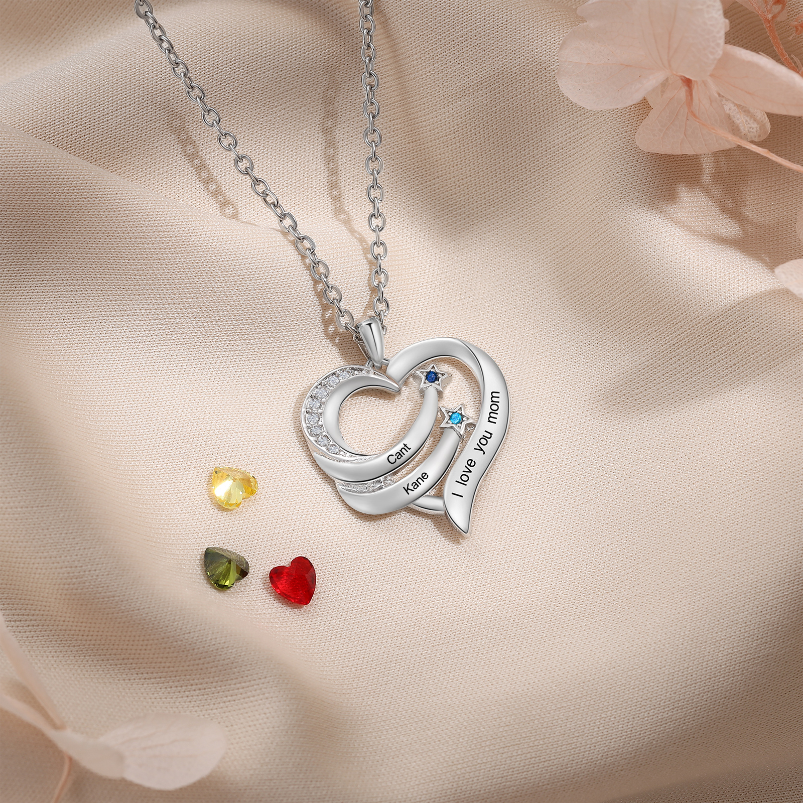 Personalized Moon Star Heart Women's Necklace Custom 2 Birthstones & 2 Names & 1 Text Gift for Her
