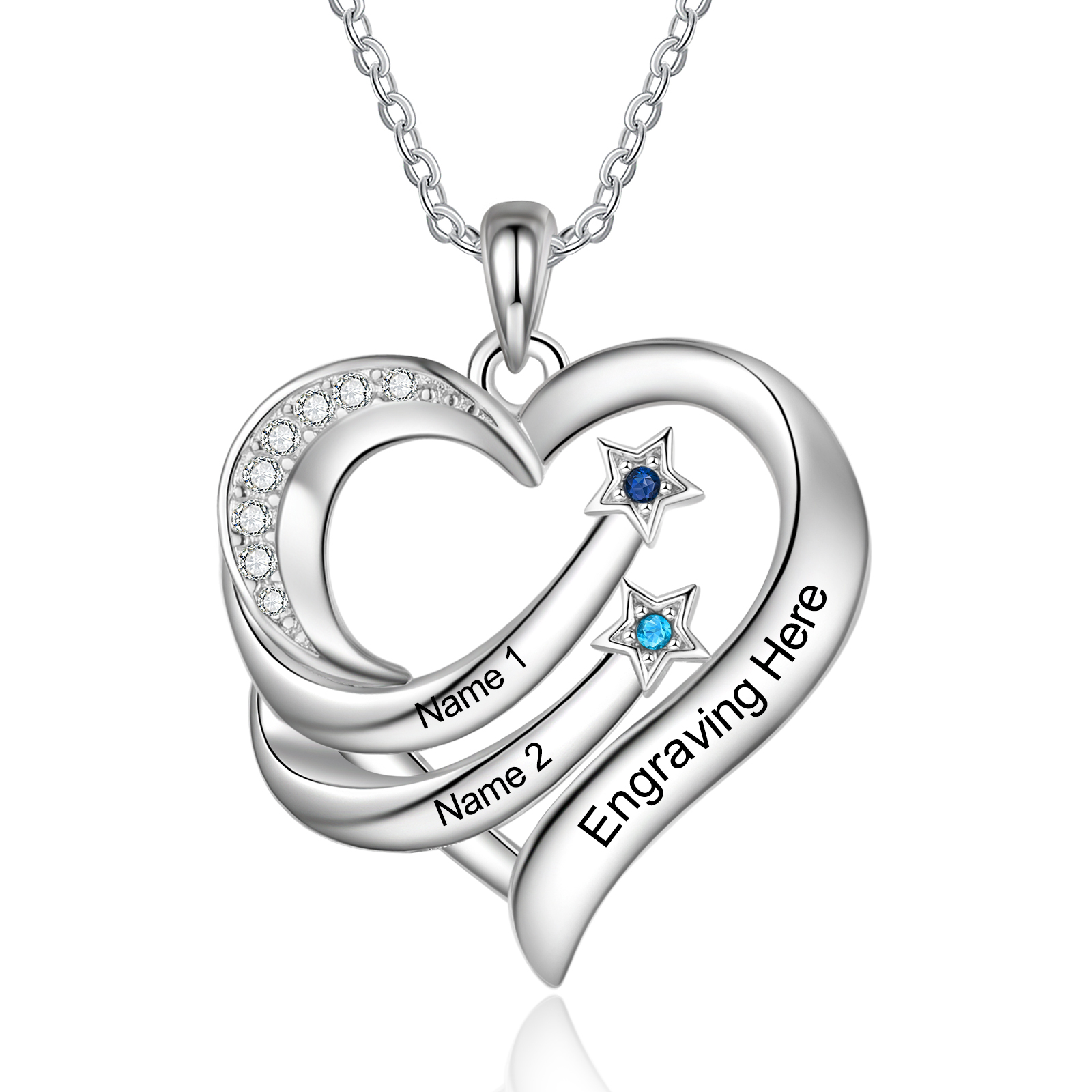 Personalized Moon Star Heart Women's Necklace Custom 2 Birthstones & 2 Names & 1 Text Gift for Her