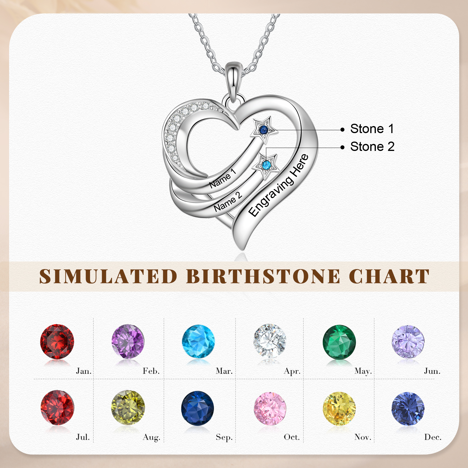 Personalized Moon Star Heart Women's Necklace Custom 2 Birthstones & 2 Names & 1 Text Gift for Her