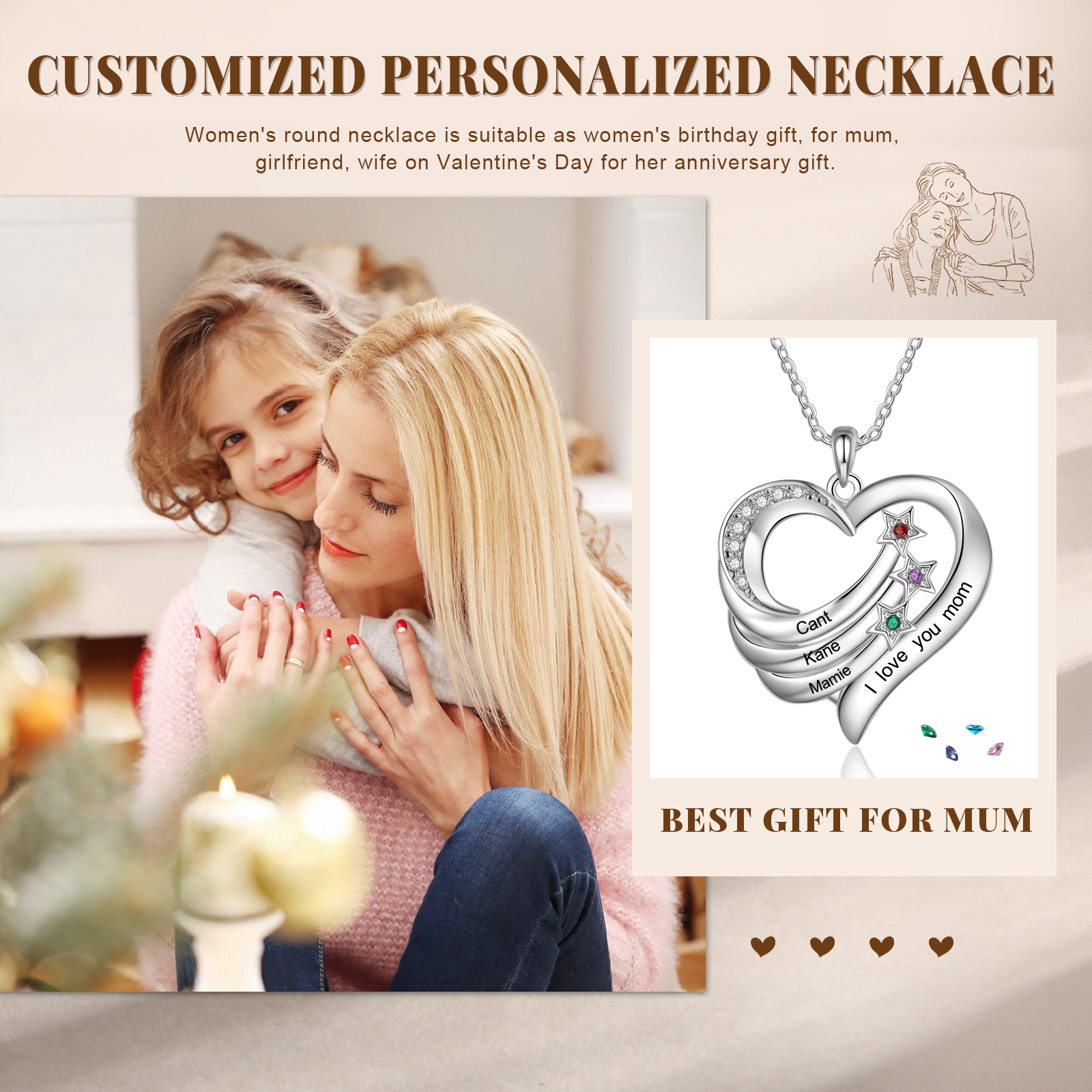 Personalized Moon Star Heart Women's Necklace Custom 3 Birthstones & 3 Names & 1 Text Gift for Her