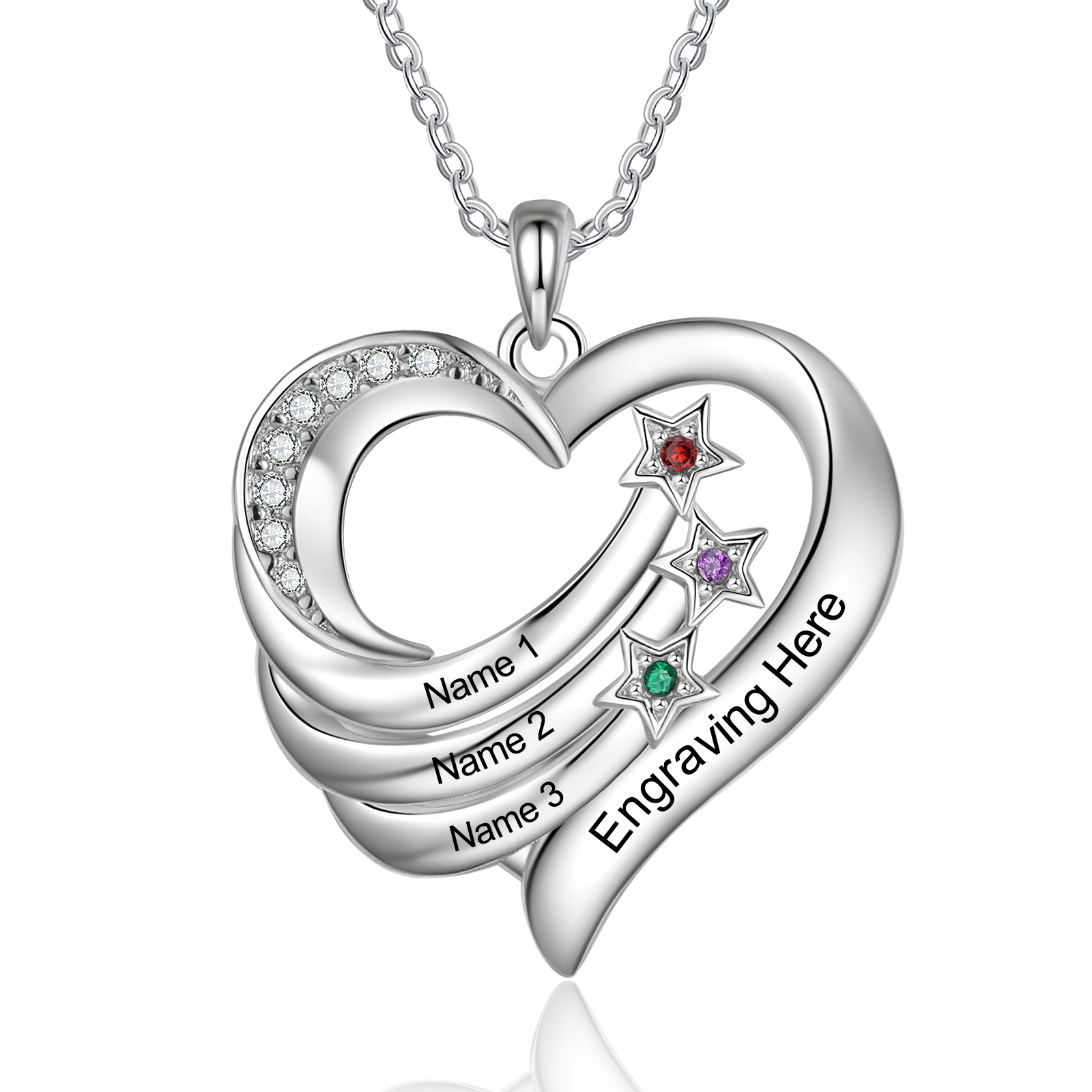 Personalized Moon Star Heart Women's Necklace Custom 3 Birthstones & 3 Names & 1 Text Gift for Her