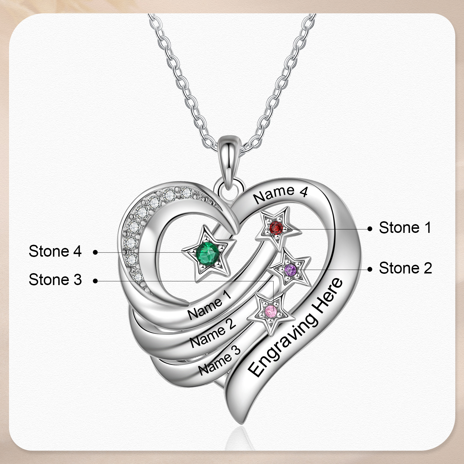 Personalized Moon Star Heart Women's Necklace Custom 4 Birthstones & 4 Names & 1 Text Gift for Her