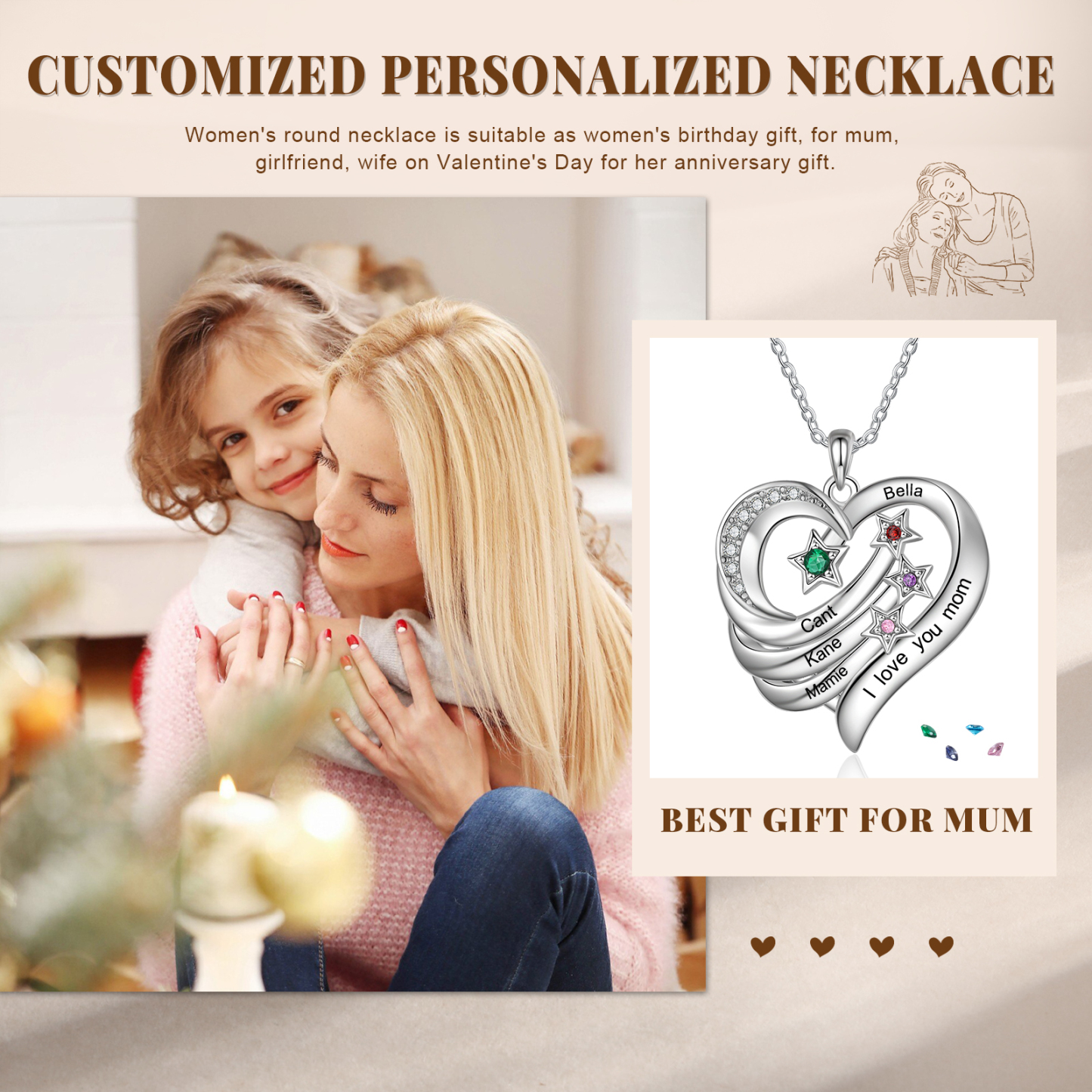 Personalized Moon Star Heart Women's Necklace Custom 4 Birthstones & 4 Names & 1 Text Gift for Her