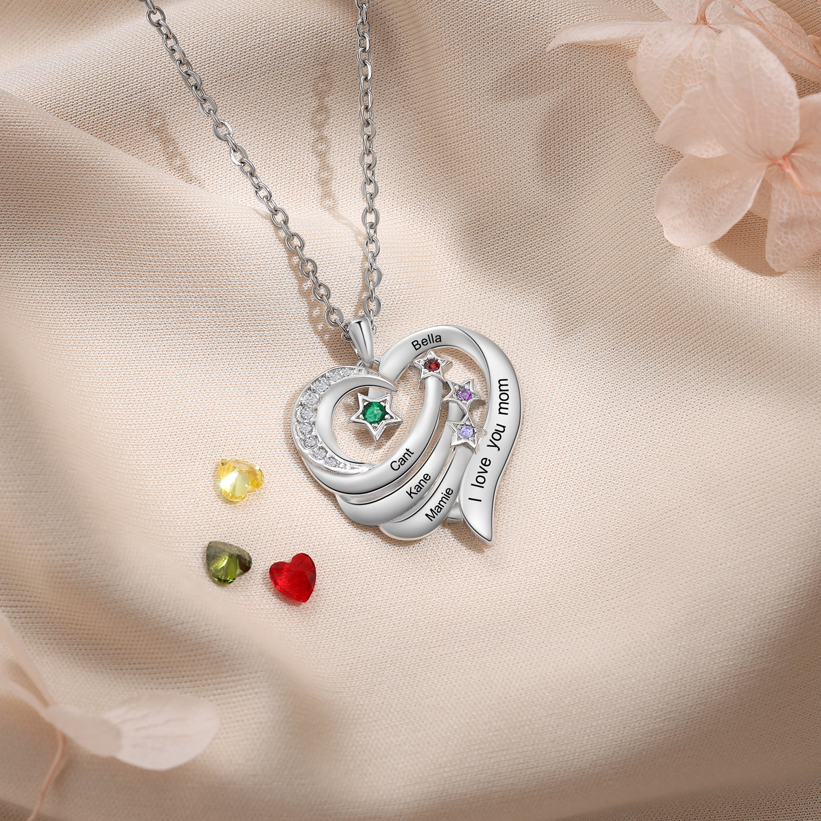 Personalized Moon Star Heart Women's Necklace Custom 4 Birthstones & 4 Names & 1 Text Gift for Her