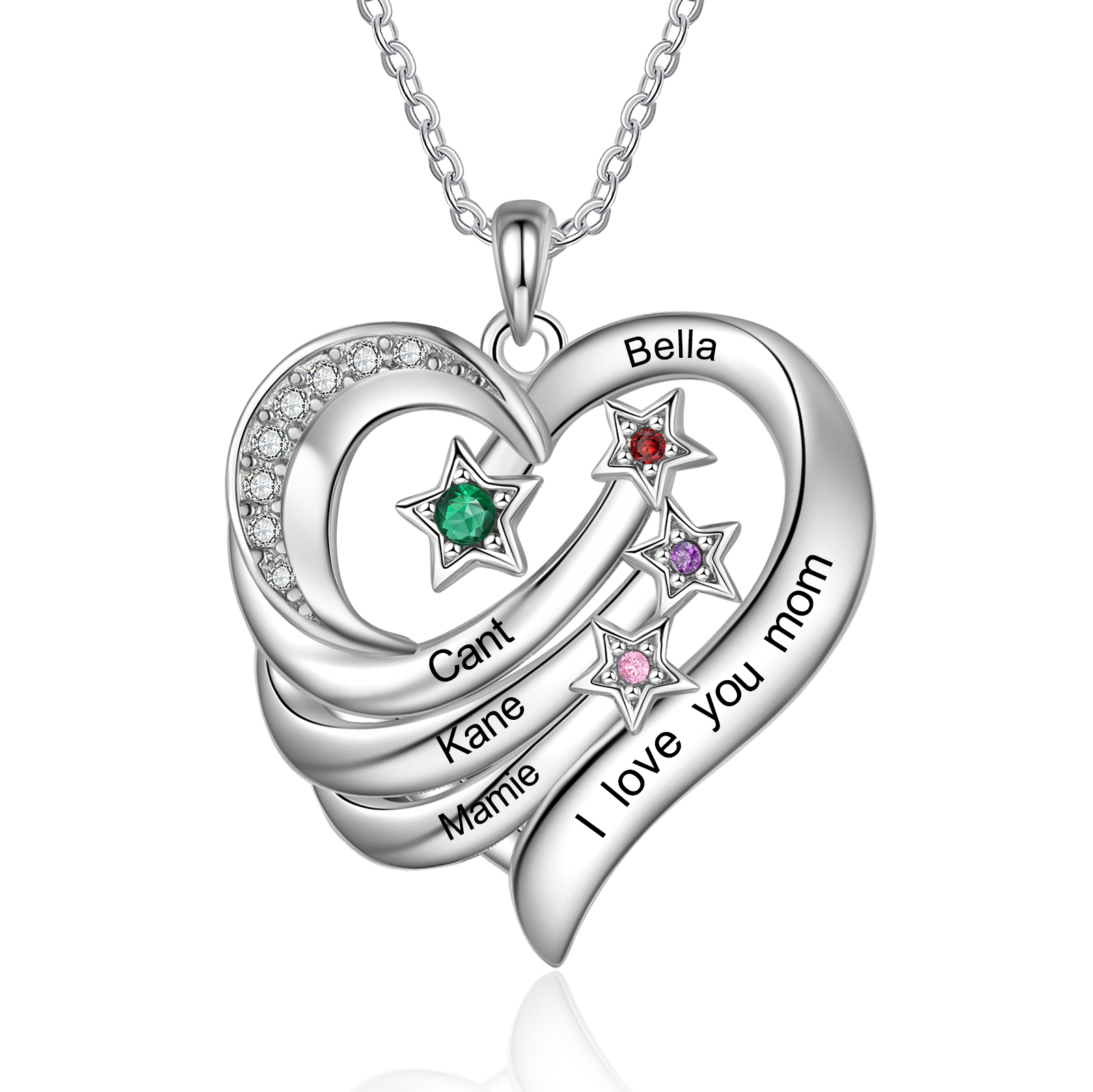Personalized Moon Star Heart Women's Necklace Custom 4 Birthstones & 4