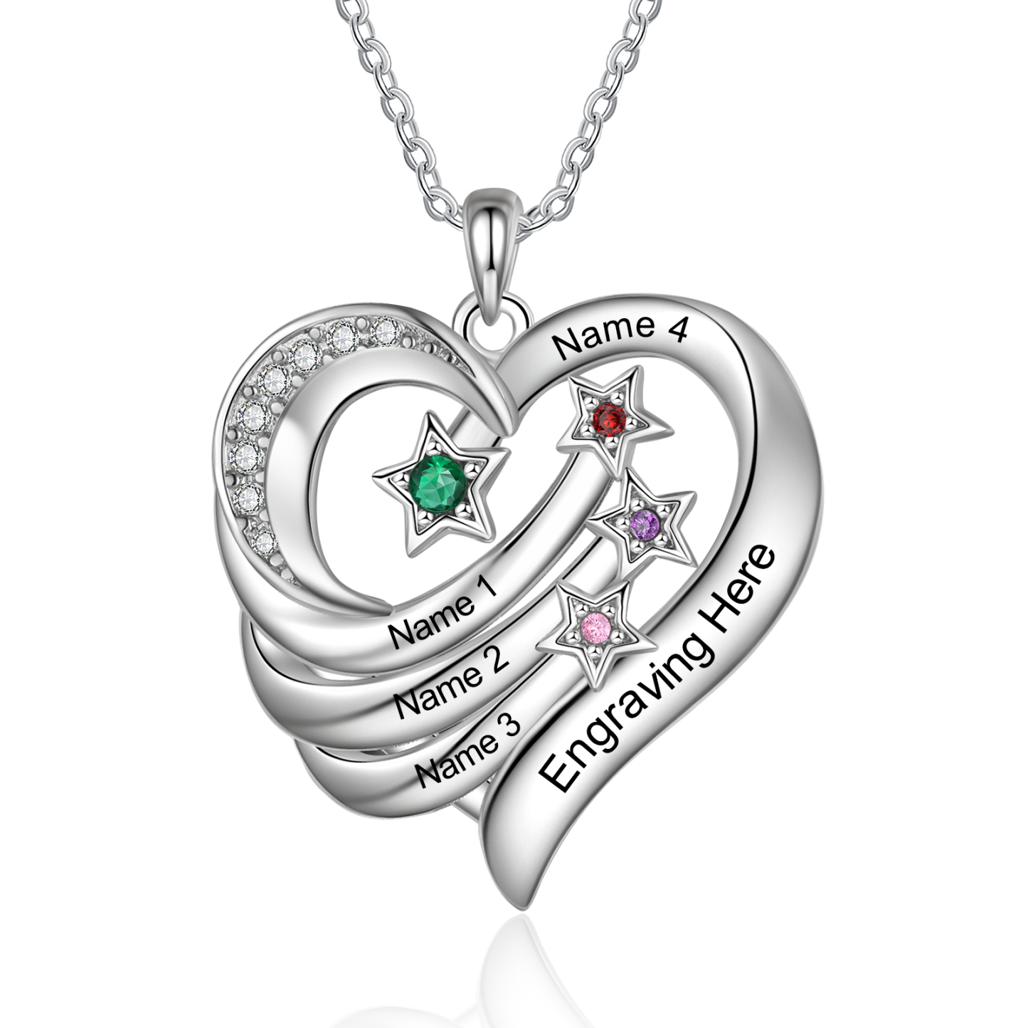 Personalized Moon Star Heart Women's Necklace Custom 2 Birthstones & 2 Names & 1 Text Gift for Her