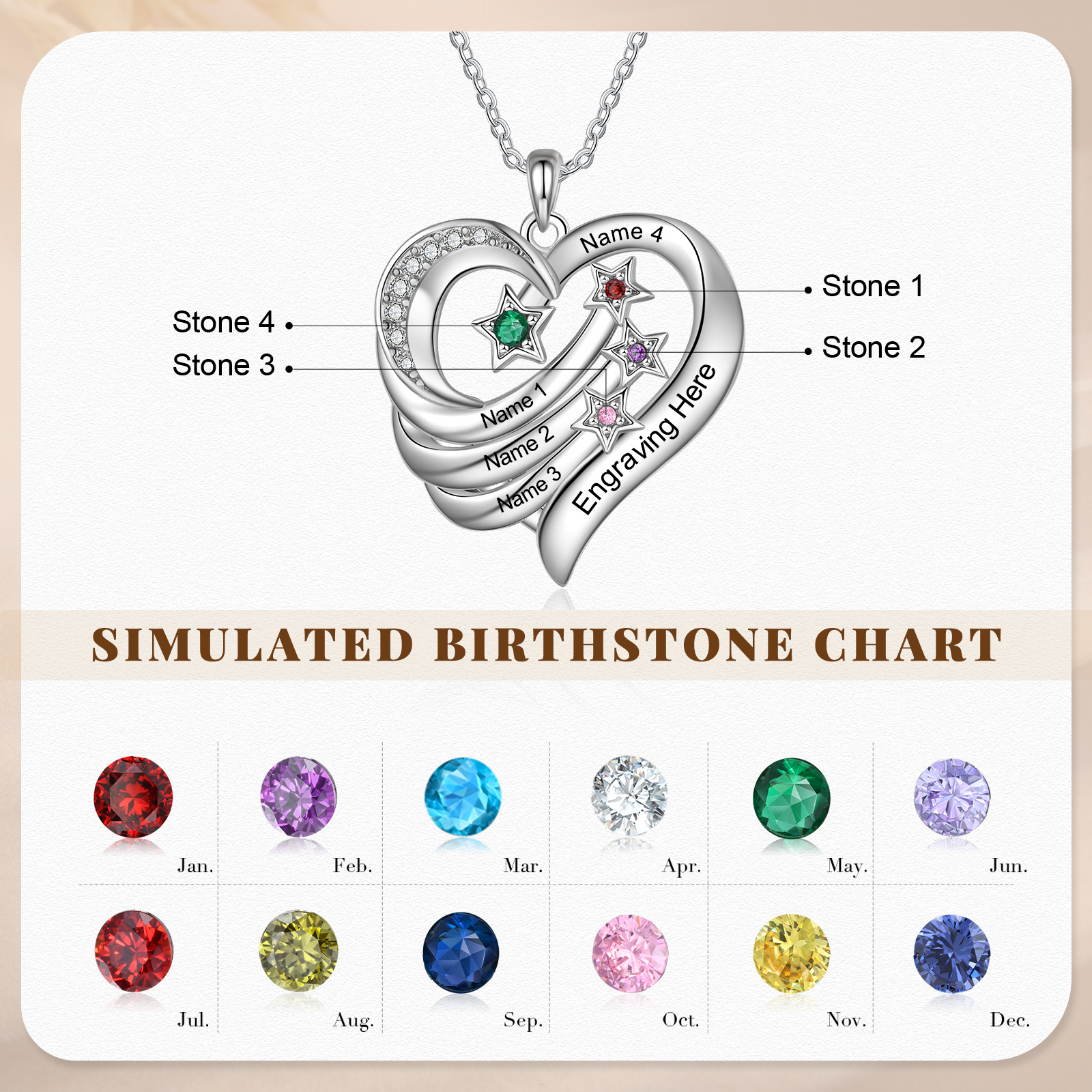 Personalized Moon Star Heart Women's Necklace Custom 4 Birthstones & 4 Names & 1 Text Gift for Her